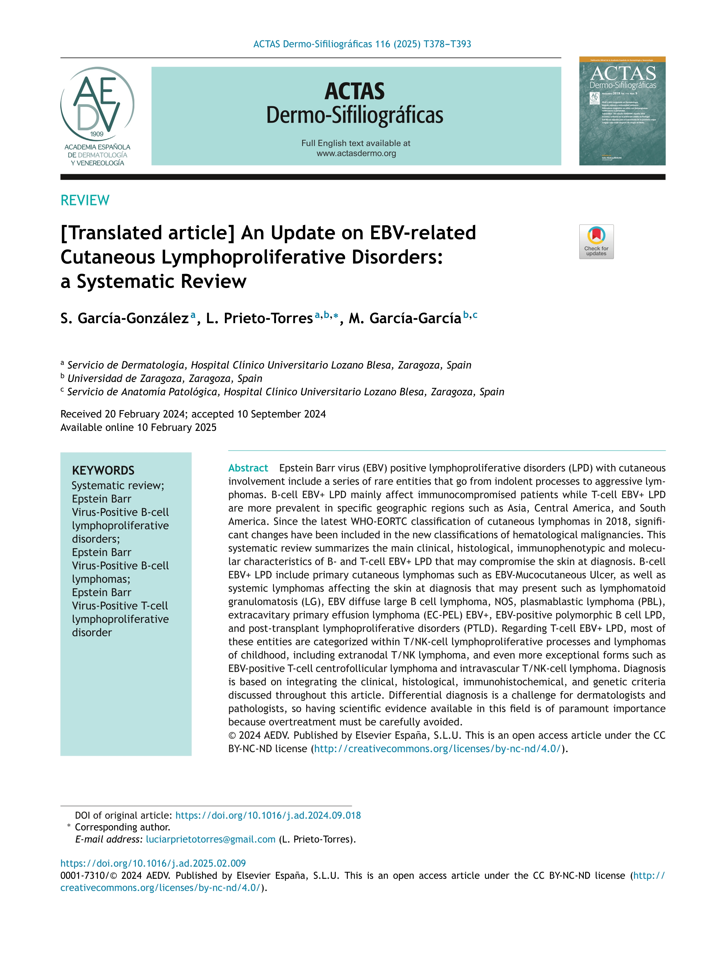 [Translated article] An Update on EBV-related Cutaneous Lymphoproliferative Disorders: a Systematic Review