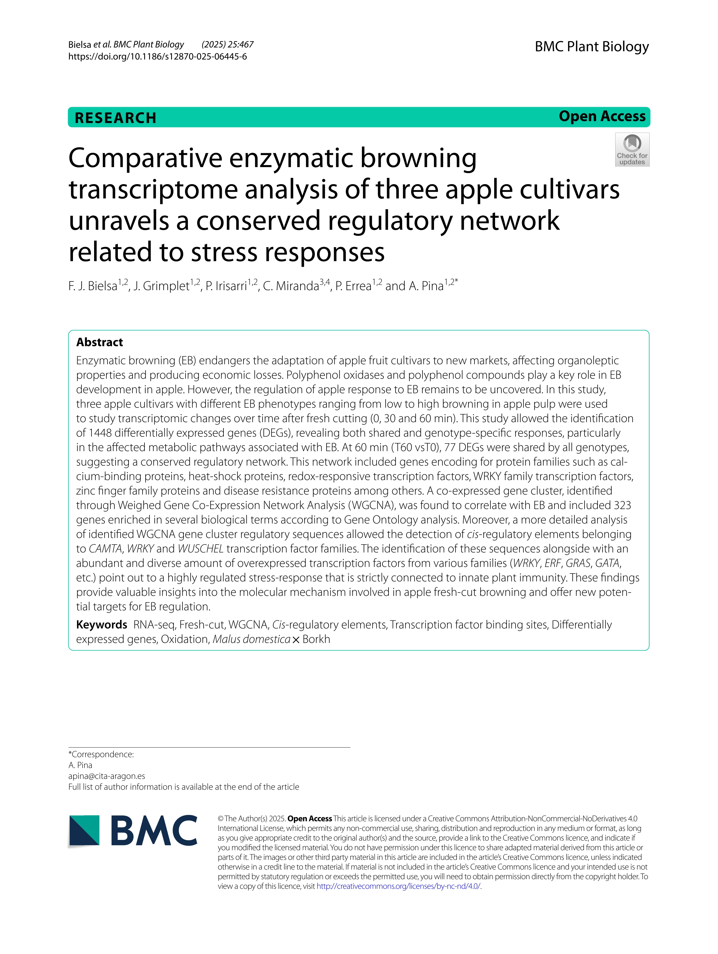 Comparative enzymatic browning transcriptome analysis of three apple cultivars unravels a conserved regulatory network related to stress responses