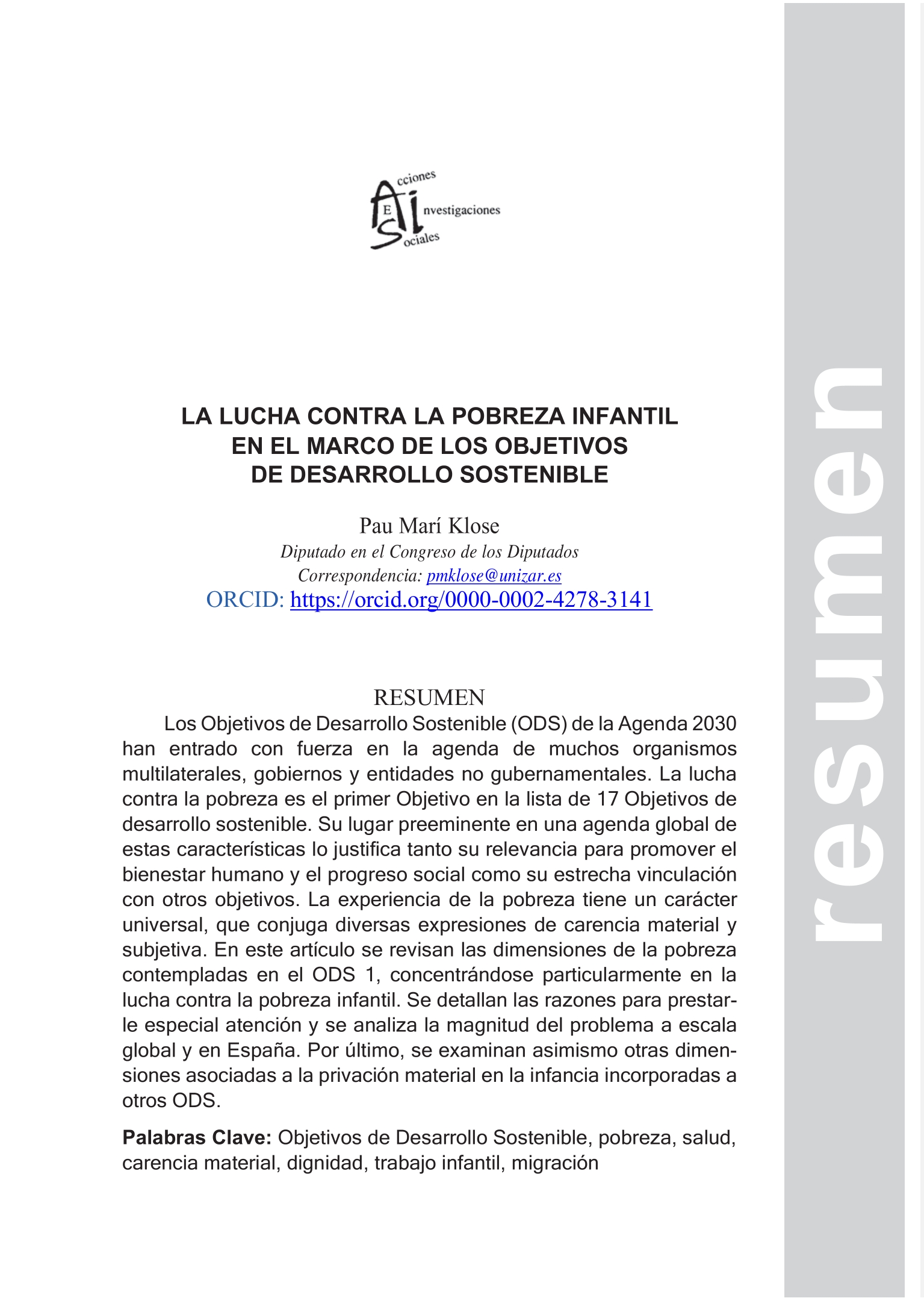 La lucha contra la pobreza infantil en el marco de los Objetivos de Desarrollo Sostenible