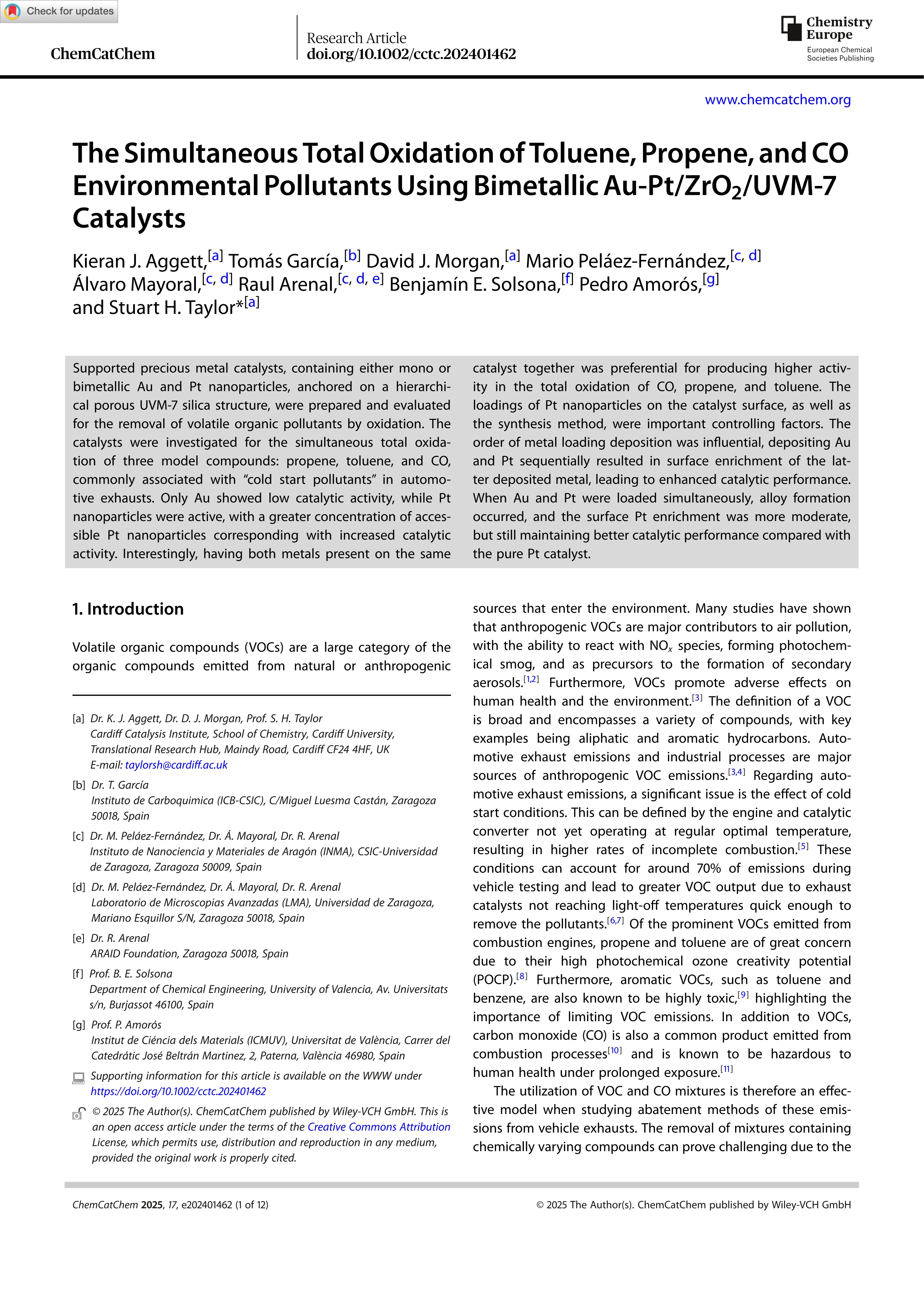 The Simultaneous Total Oxidation of Toluene, Propene, and CO Environmental Pollutants Using Bimetallic Au‐Pt/ZrO<sub>2</sub>/UVM‐7 Catalysts