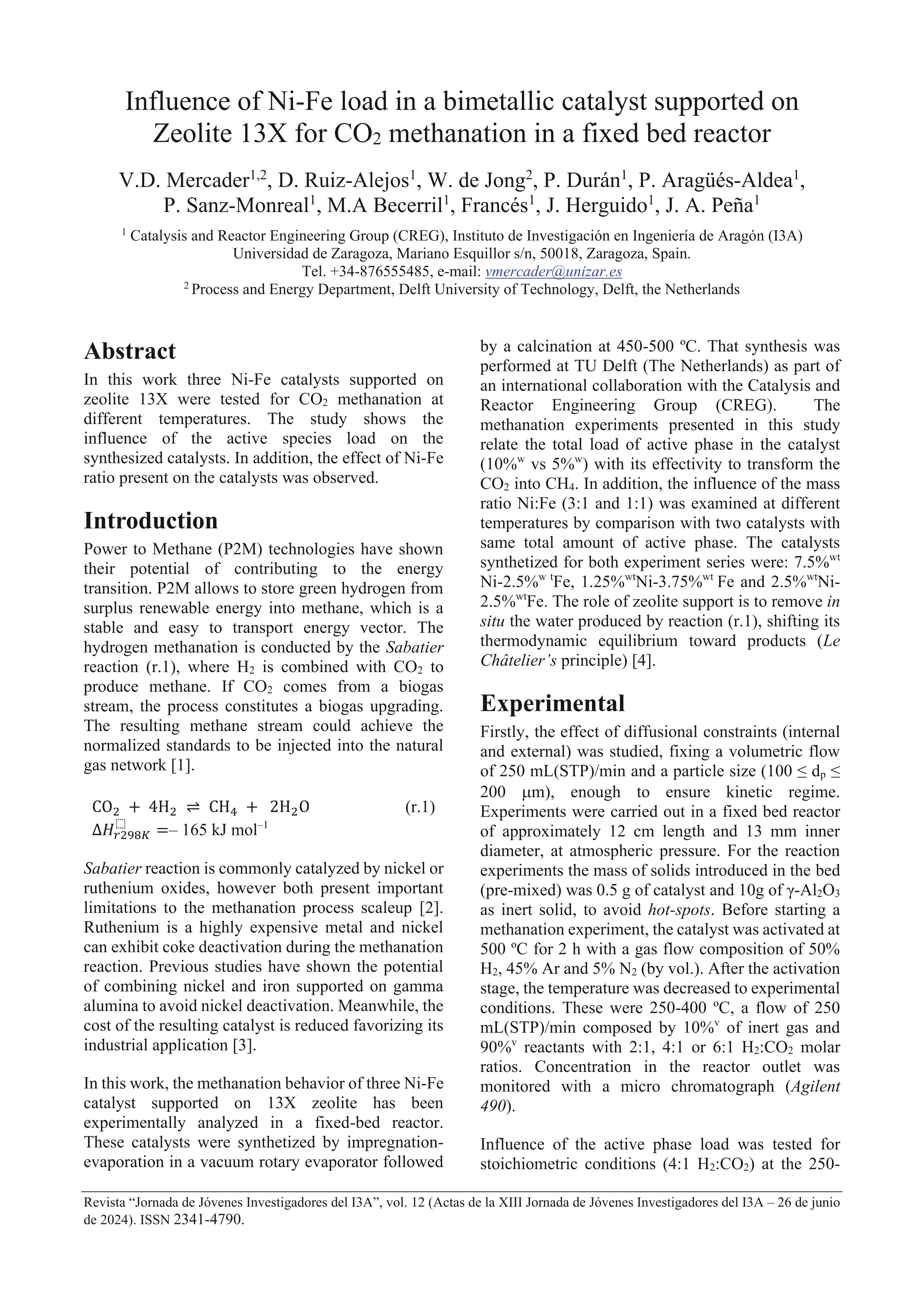 Influence of Ni-Fe load in a bimetallic catalyst supported on Zeolite 13X for CO2 methanation in a fixed bed reactor
