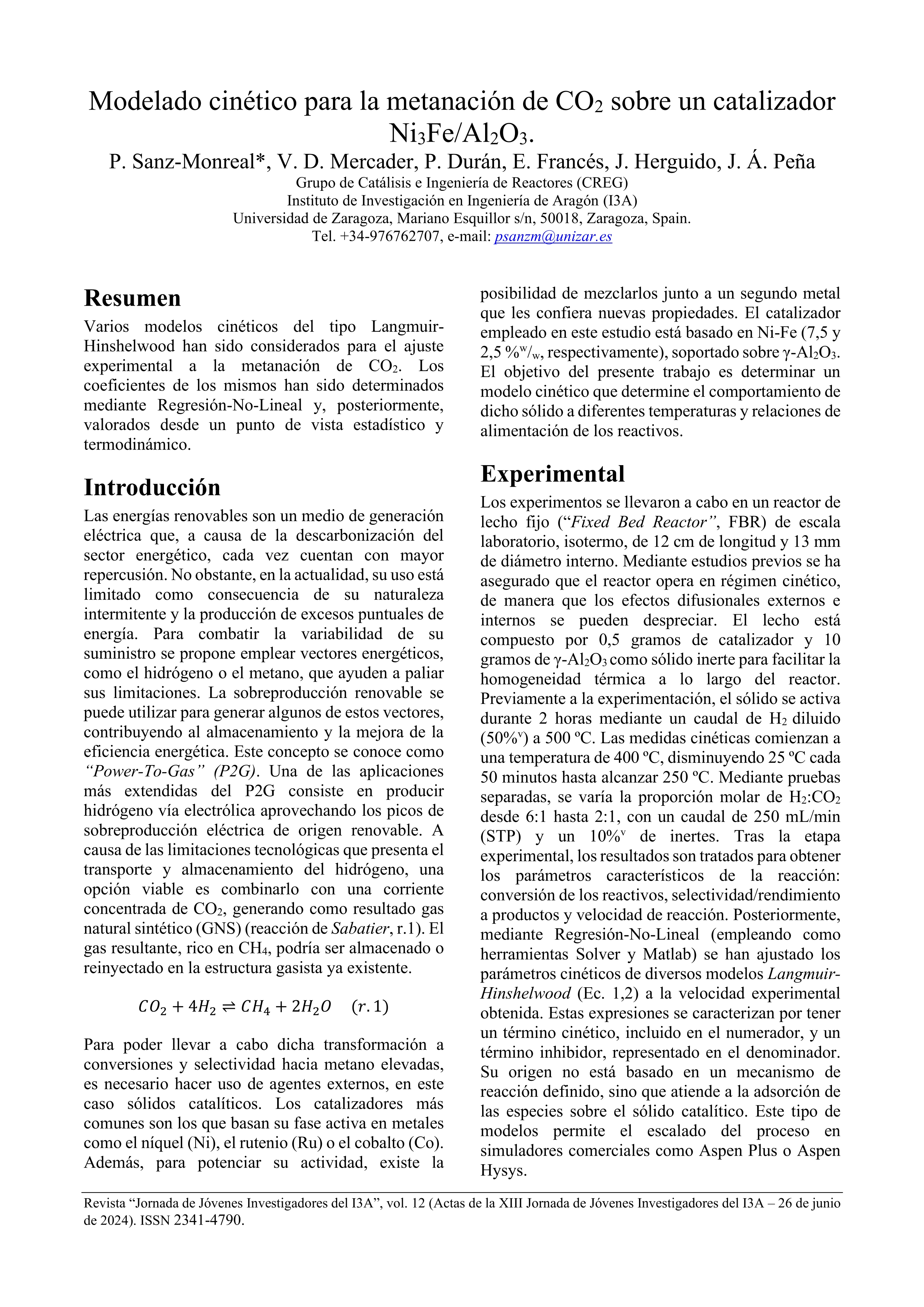 Modelado cinético para la metanación de CO2 sobre un catalizador Ni3Fe/Al2O3