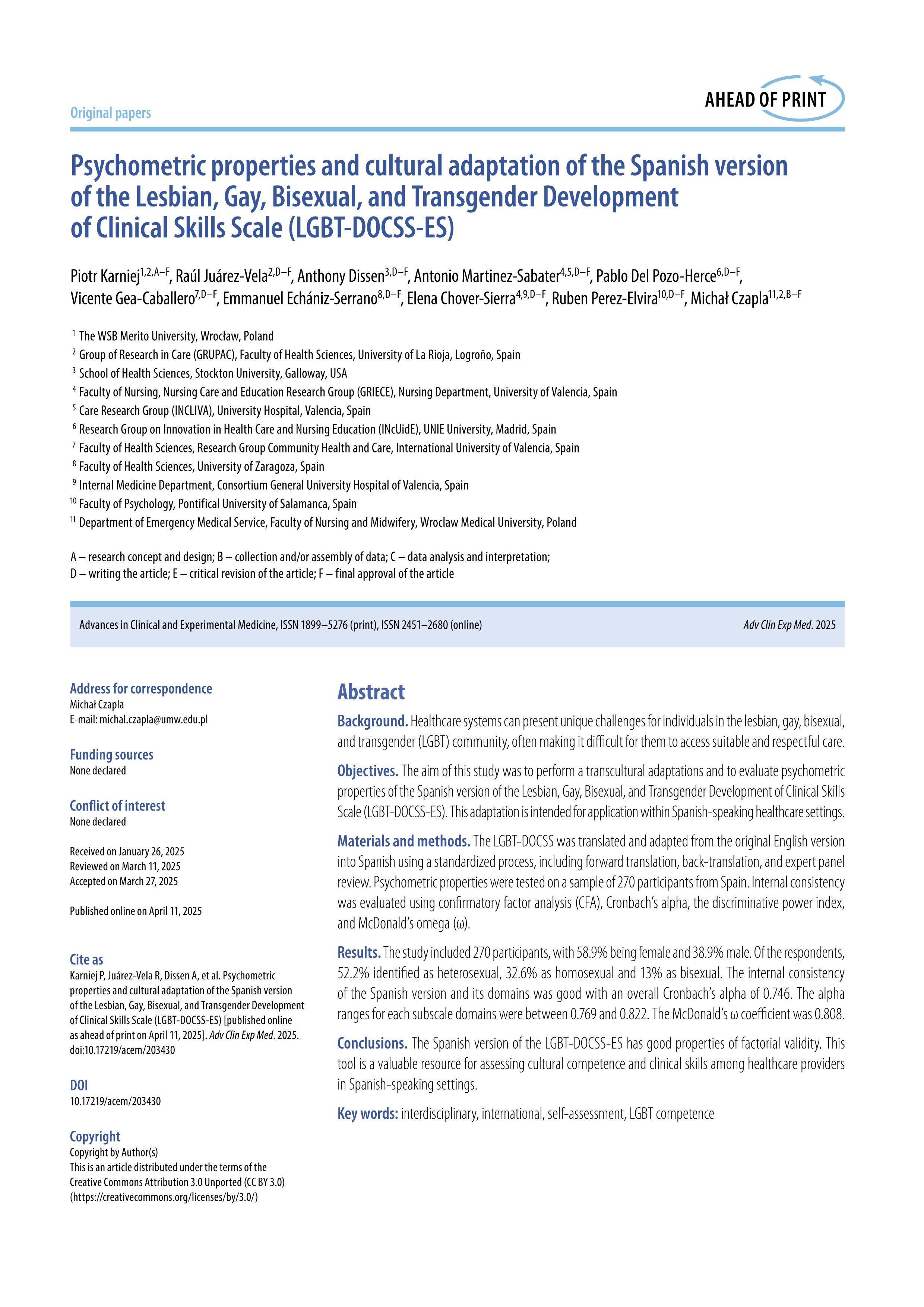 Psychometric properties and cultural adaptation of the Spanish version of the Lesbian, Gay, Bisexual, and Transgender Development of Clinical Skills Scale (LGBT-DOCSS-ES)