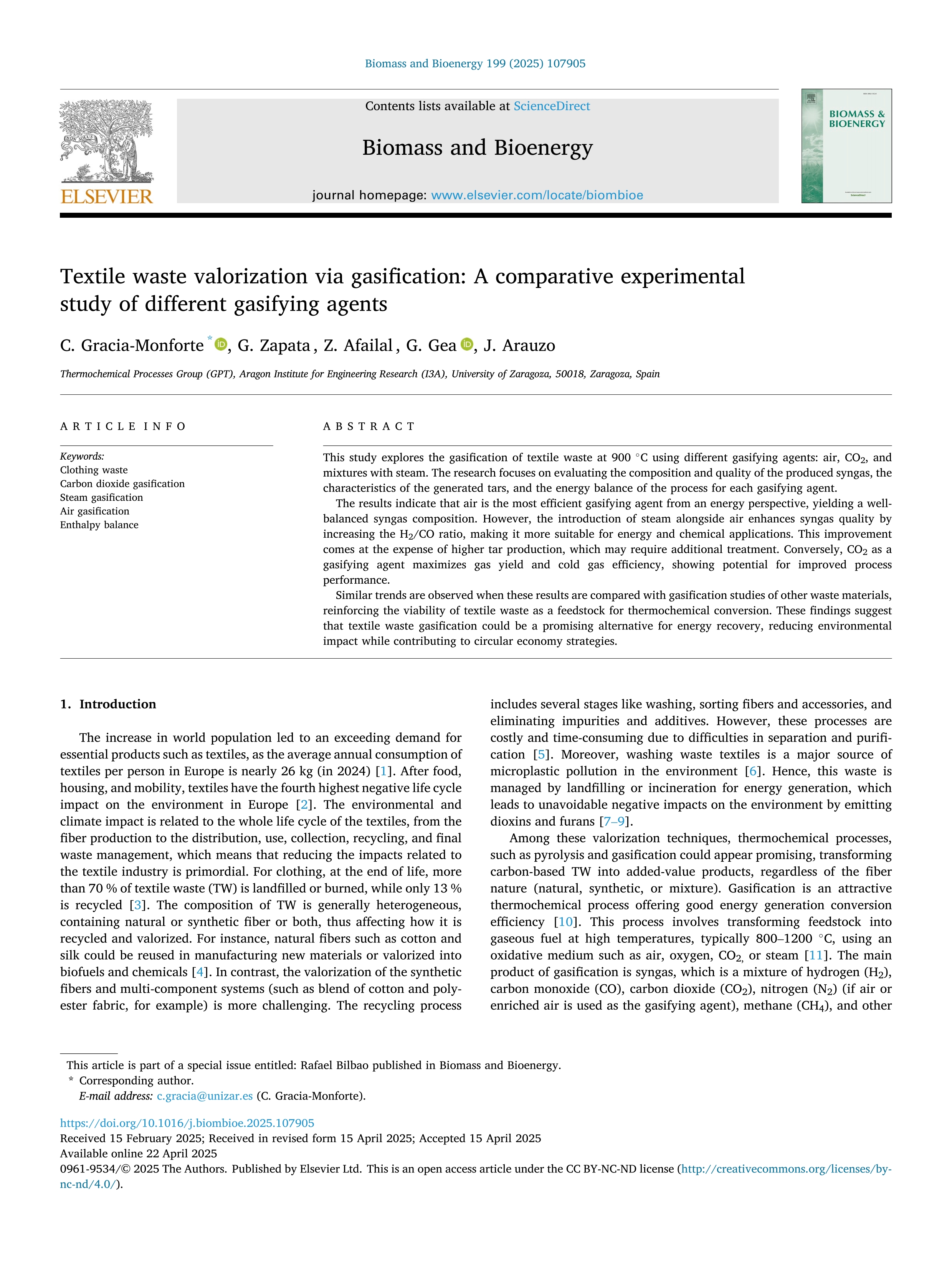 Textile waste valorization via gasification: A comparative experimental study of different gasifying agents