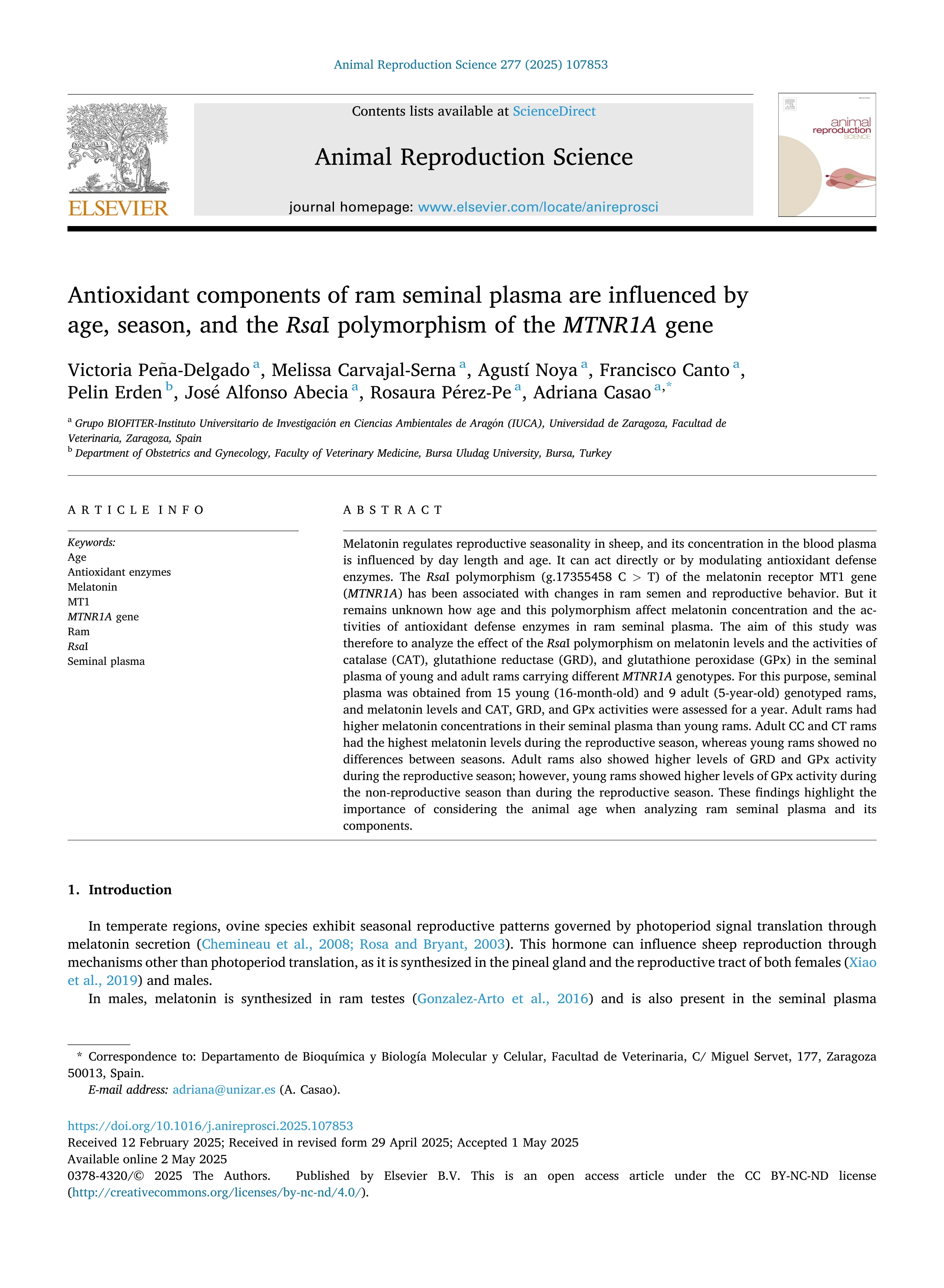 Antioxidant components of ram seminal plasma are influenced by age, season, and the RsaI polymorphism of the MTNR1A gene