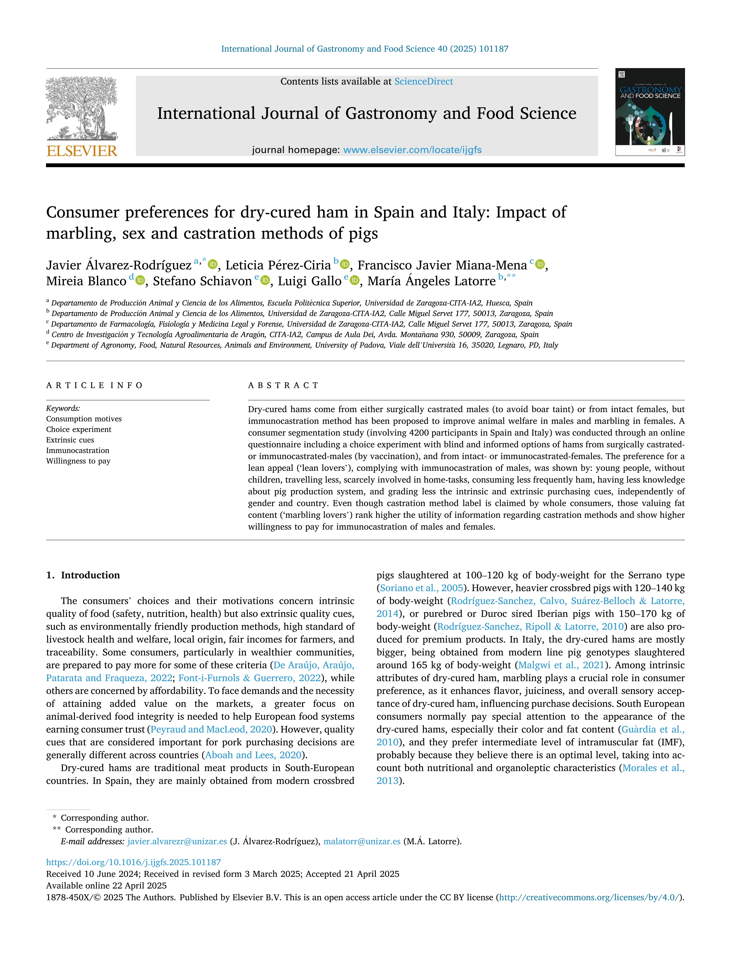 Consumer preferences for dry-cured ham in Spain and Italy: Impact of marbling, sex and castration methods of pigs