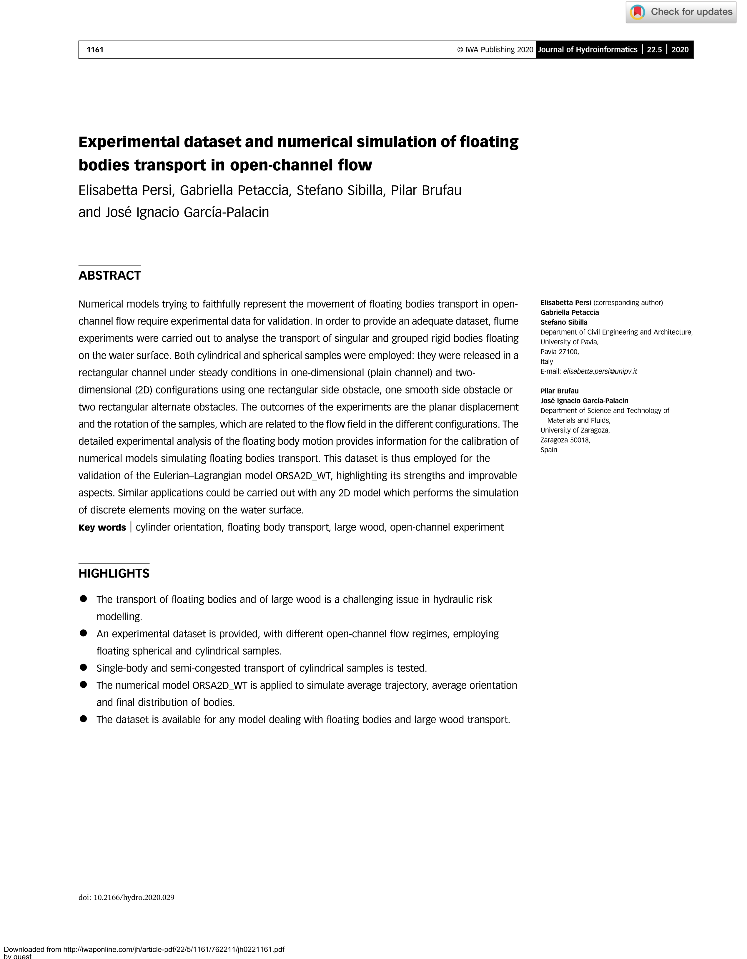 Experimental dataset and numerical simulation of floating bodies transport in open-channel flow