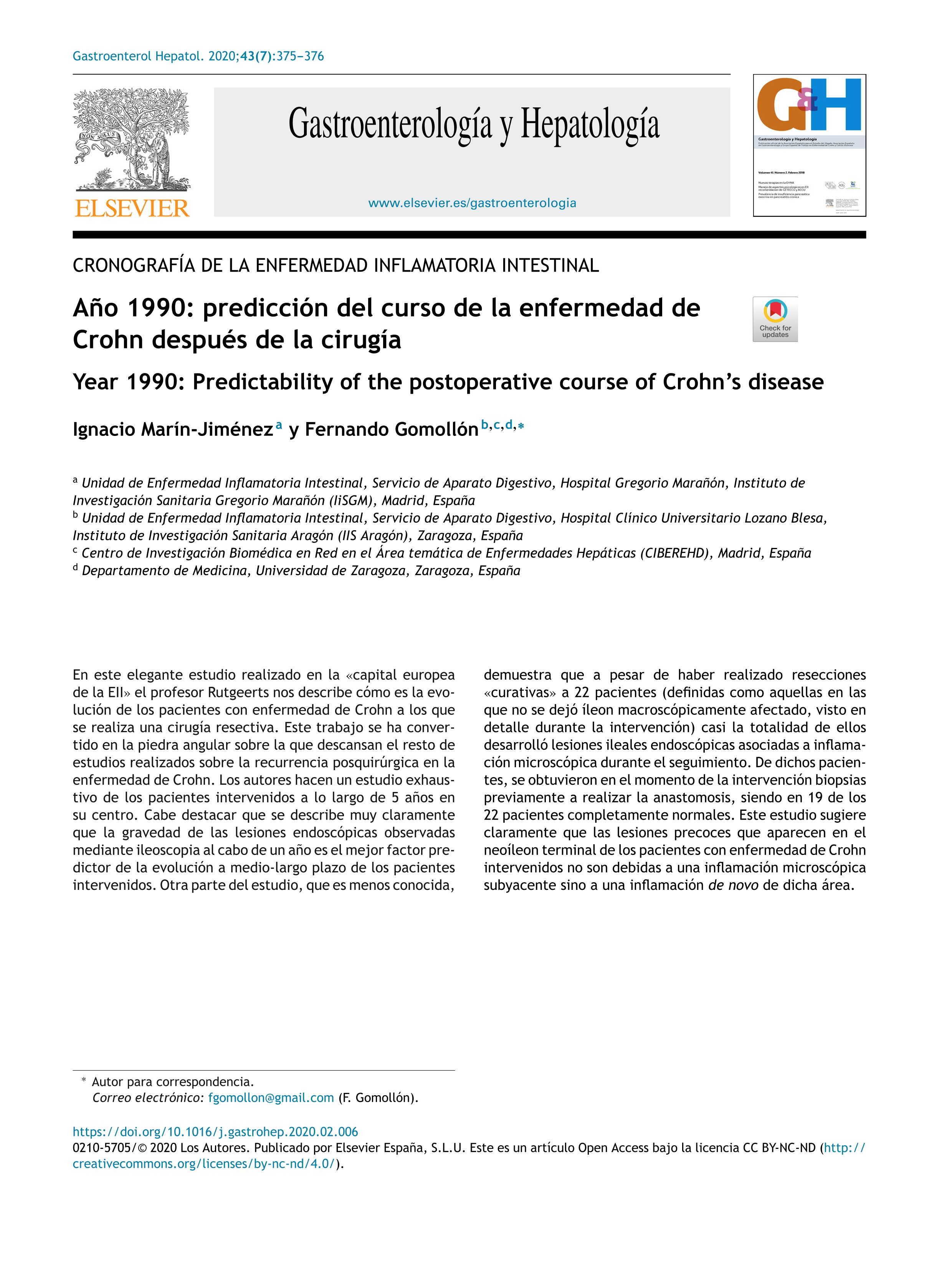 Año 1990: predicción del curso de la enfermedad de Crohn después de la cirugía