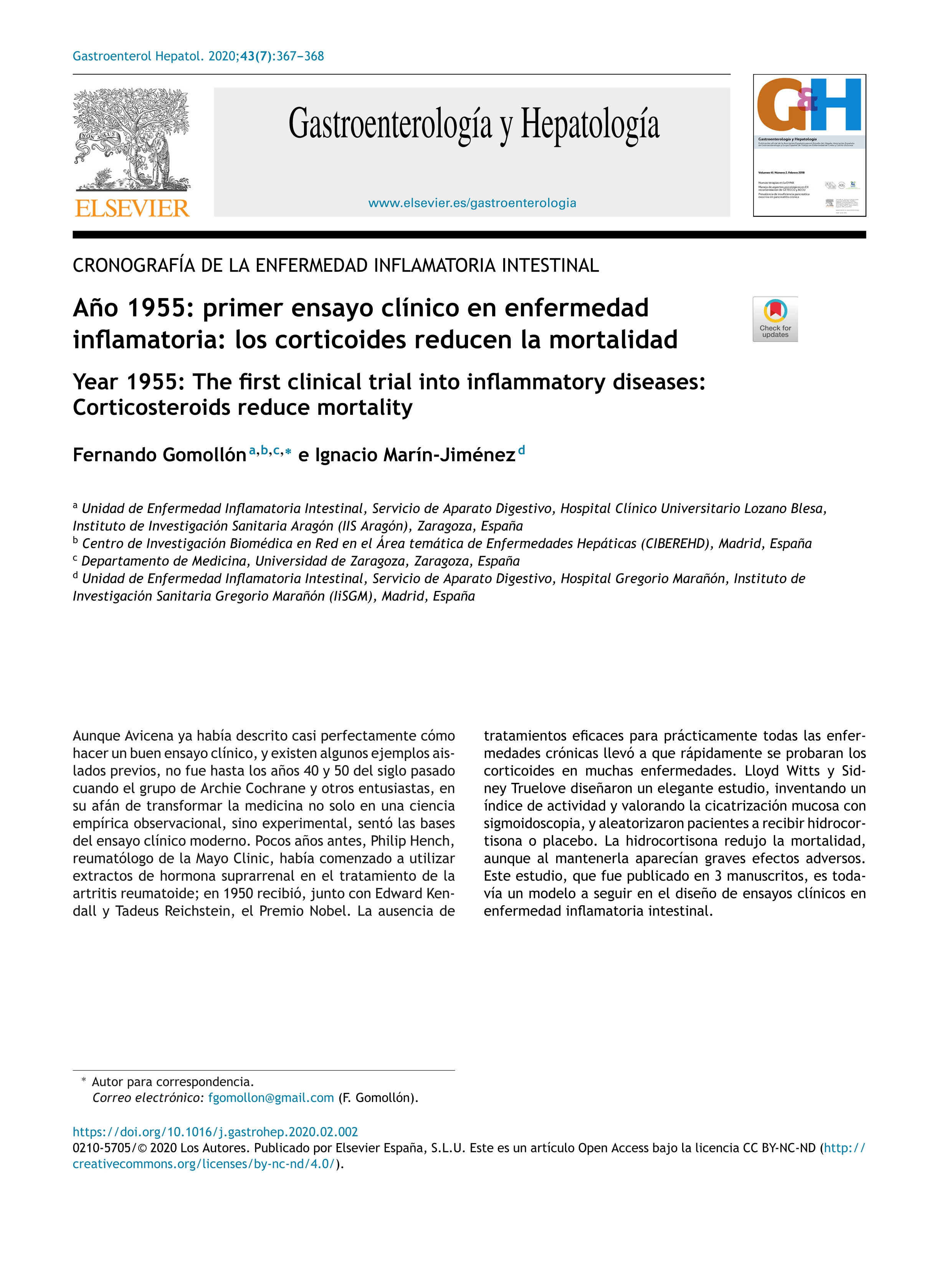 Año 1955: primer ensayo clínico en enfermedad inflamatoria: los corticoides reducen la mortalidad
