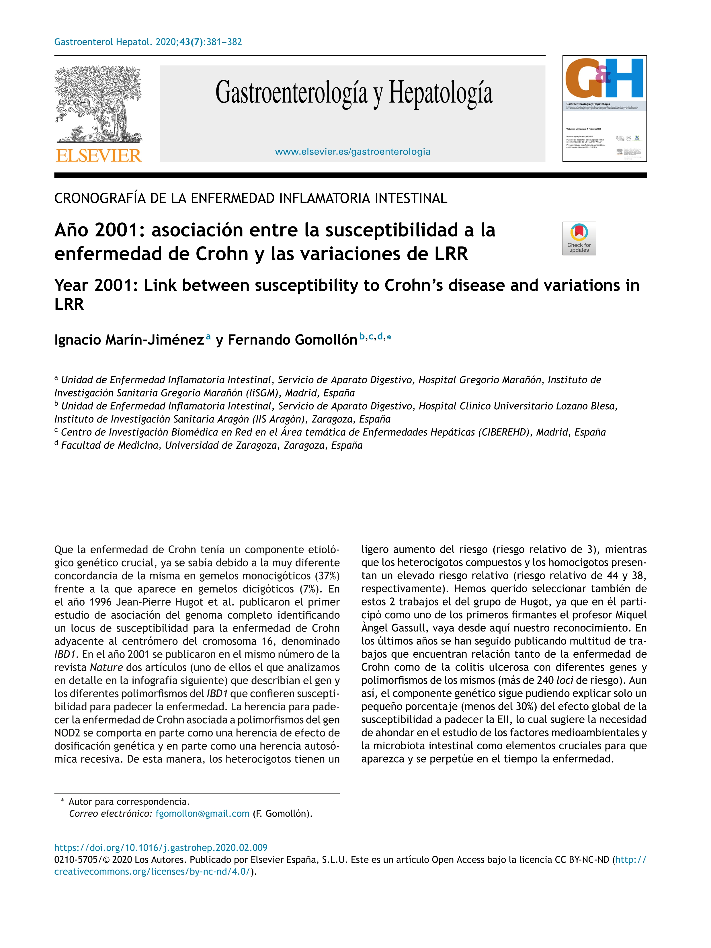 Año 2001: asociación entre la susceptibilidad a la enfermedad de Crohn y las variaciones de LRR
