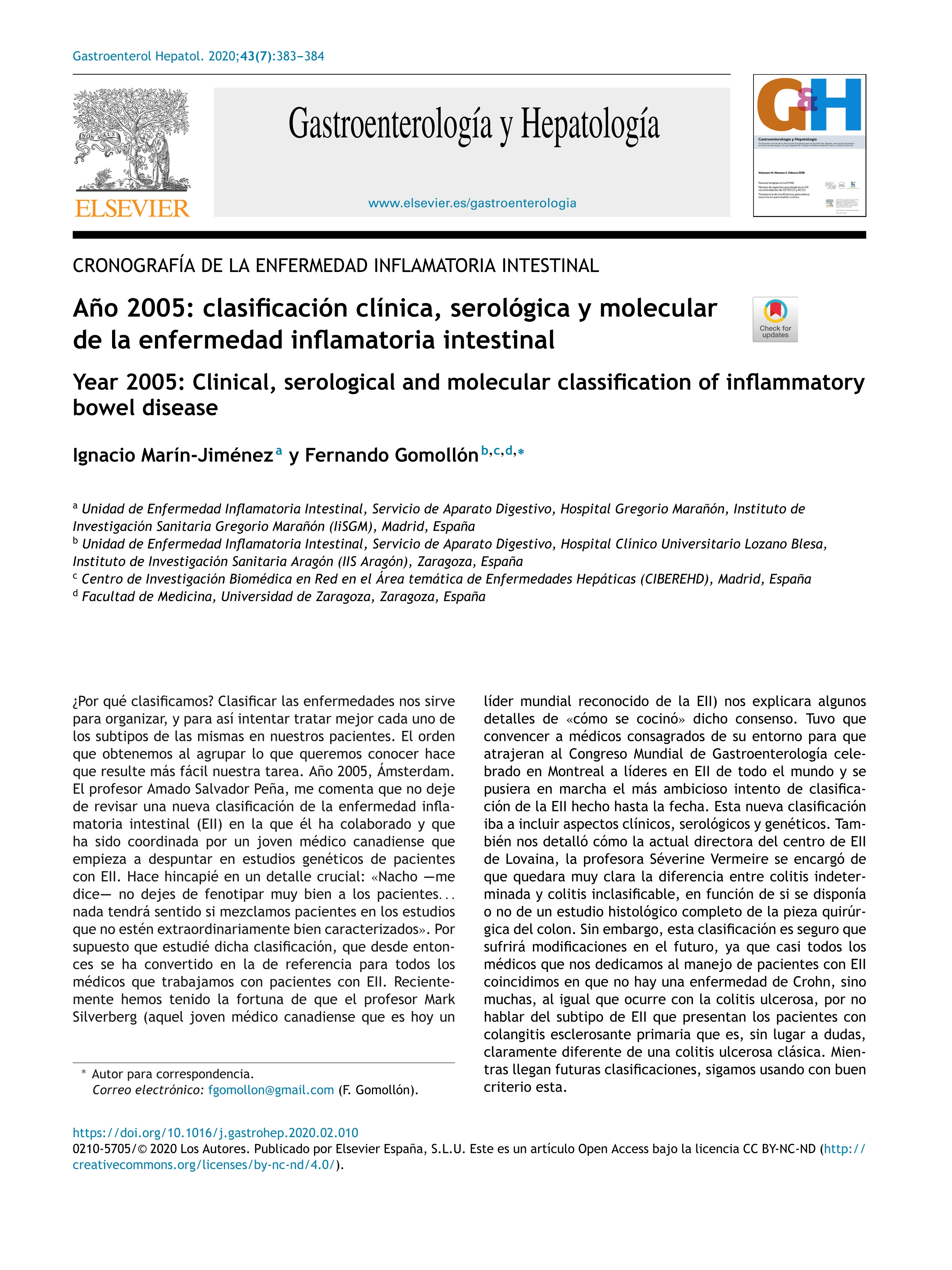 Año 2005: clasificación clínica, serológica y molecular de la enfermedad inflamatoria intestinal