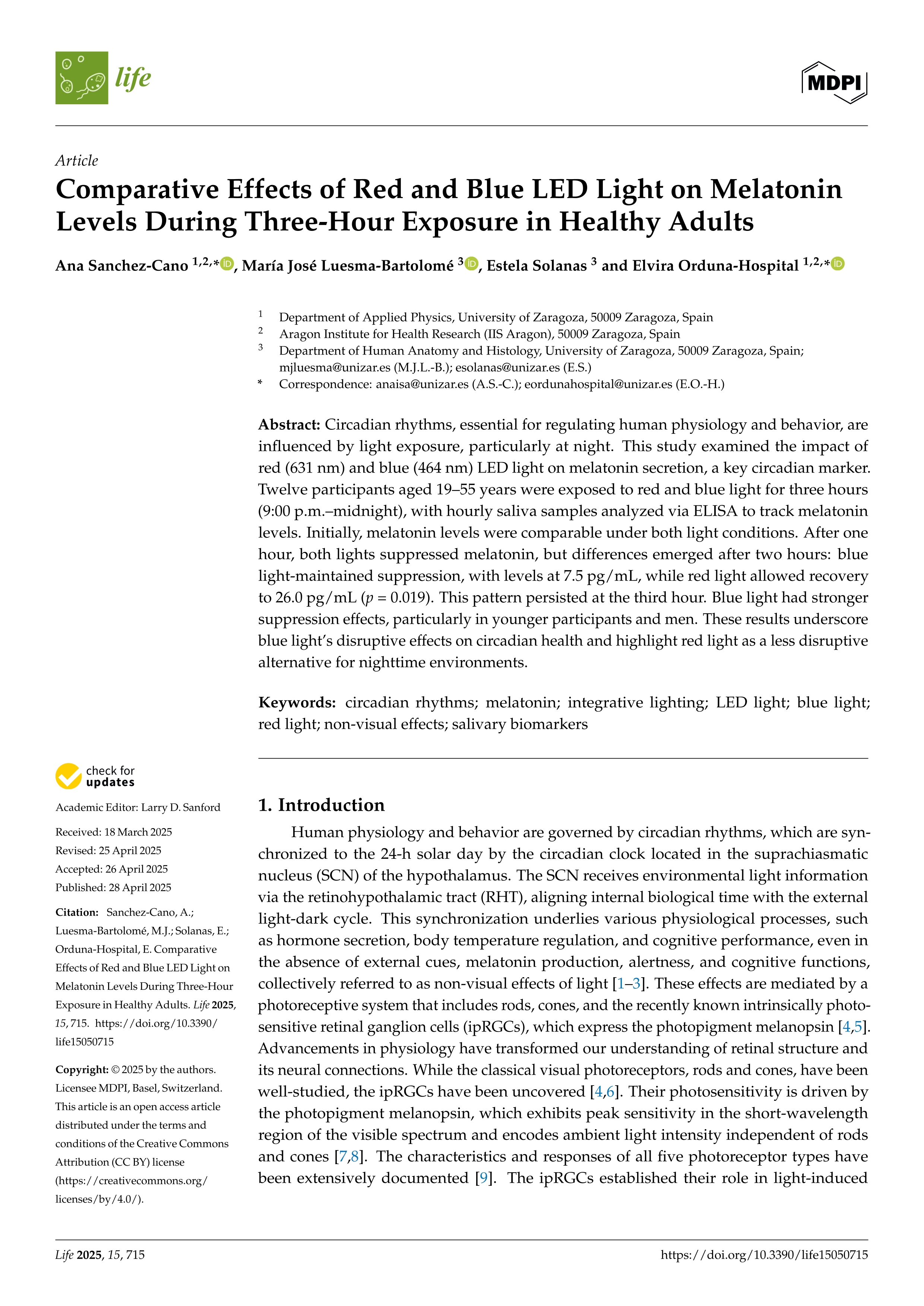 Comparative Effects of Red and Blue LED Light on Melatonin Levels During Three-Hour Exposure in Healthy Adults