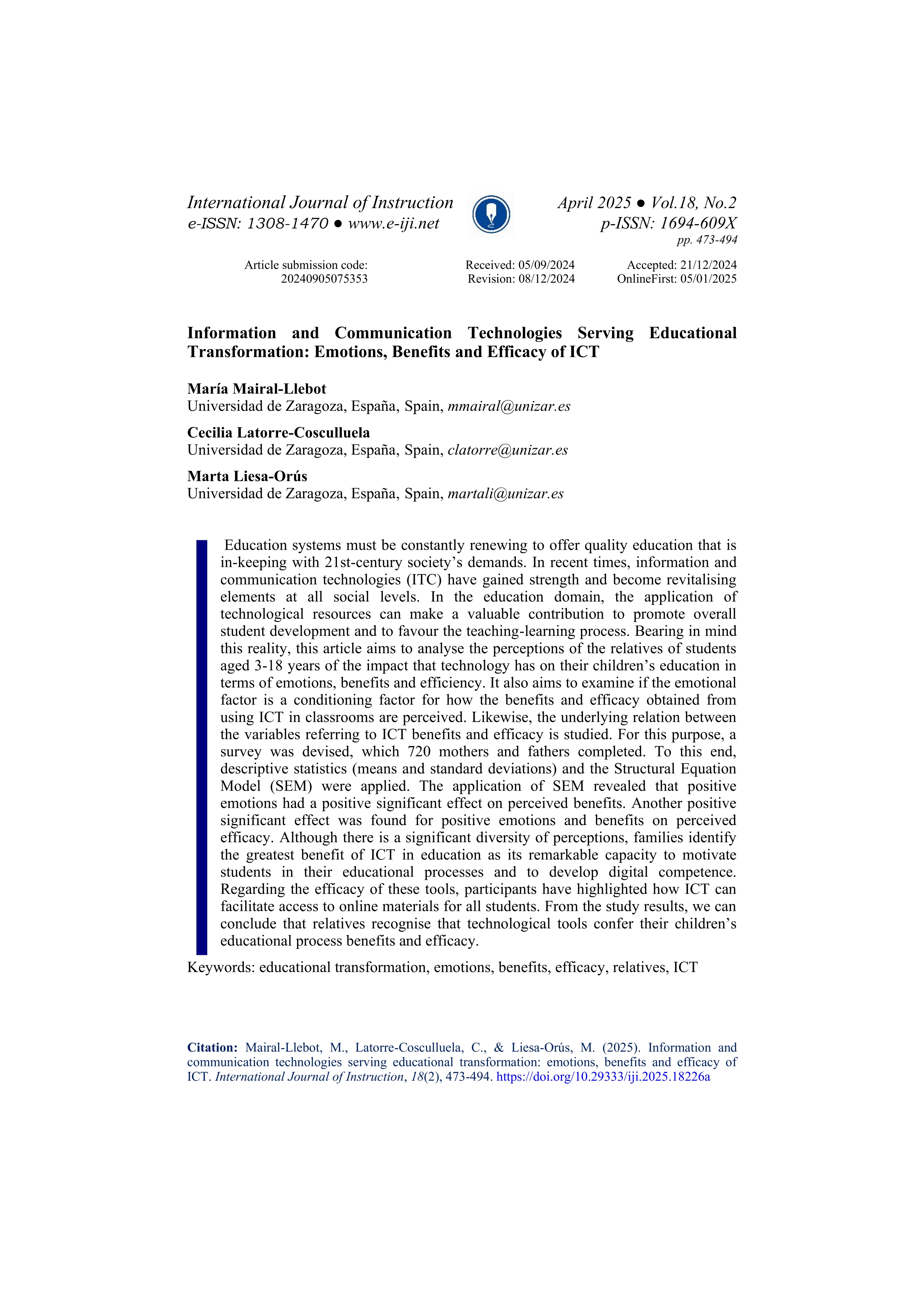 Information and Communication Technologies Serving Educational Transformation: Emotions, Benefits and Efficacy of ICT
