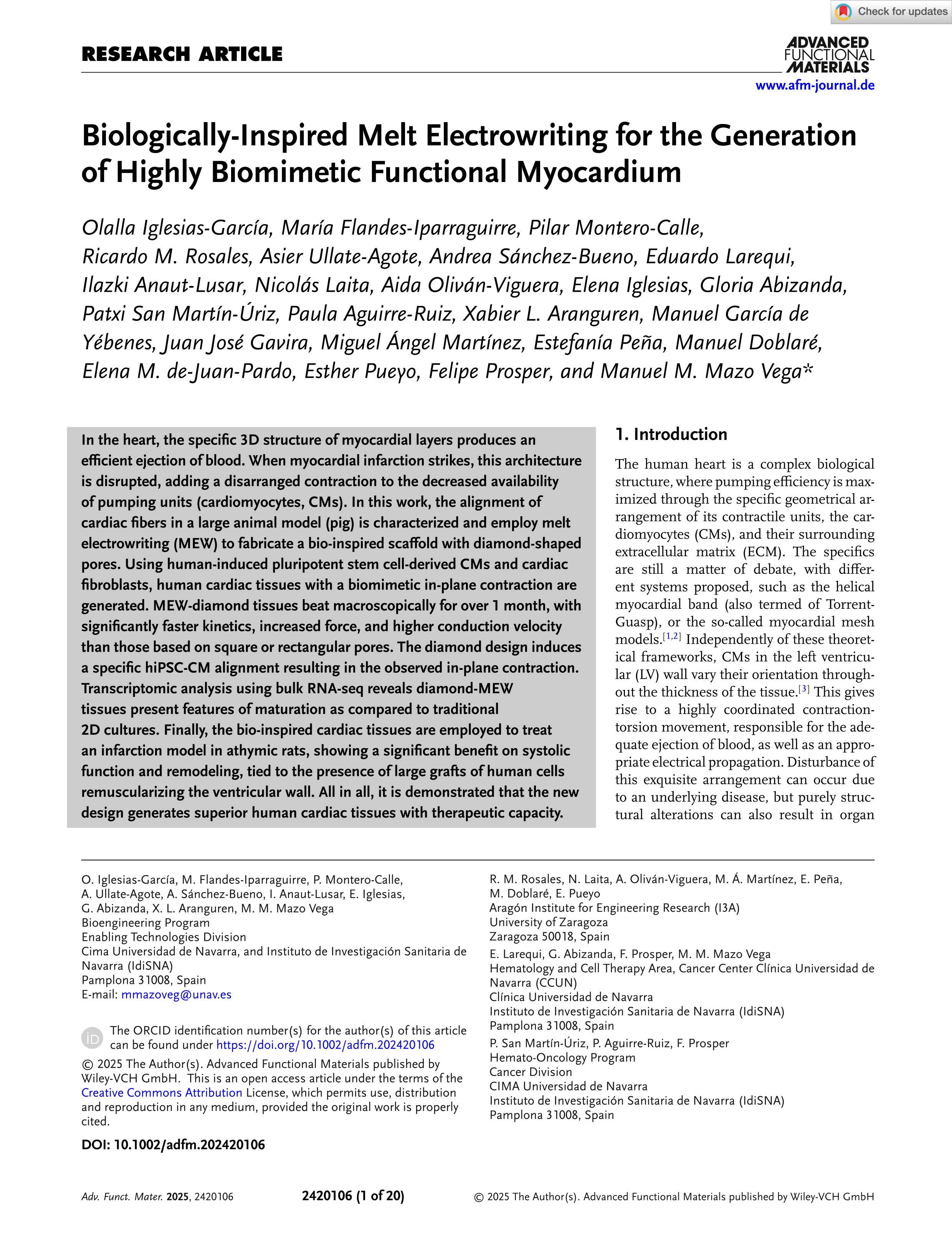 Biologically-Inspired Melt Electrowriting for the Generationof Highly Biomimetic Functional Myocardium
