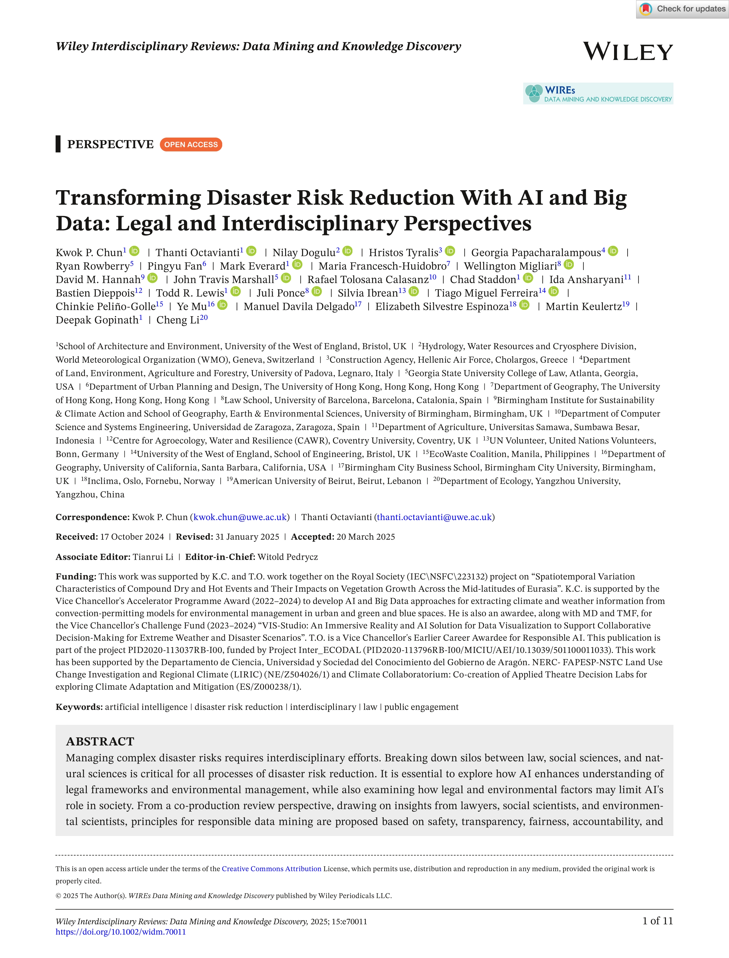 Transforming disaster risk reduction with AI and Big Data: Legal and interdisciplinary perspectives