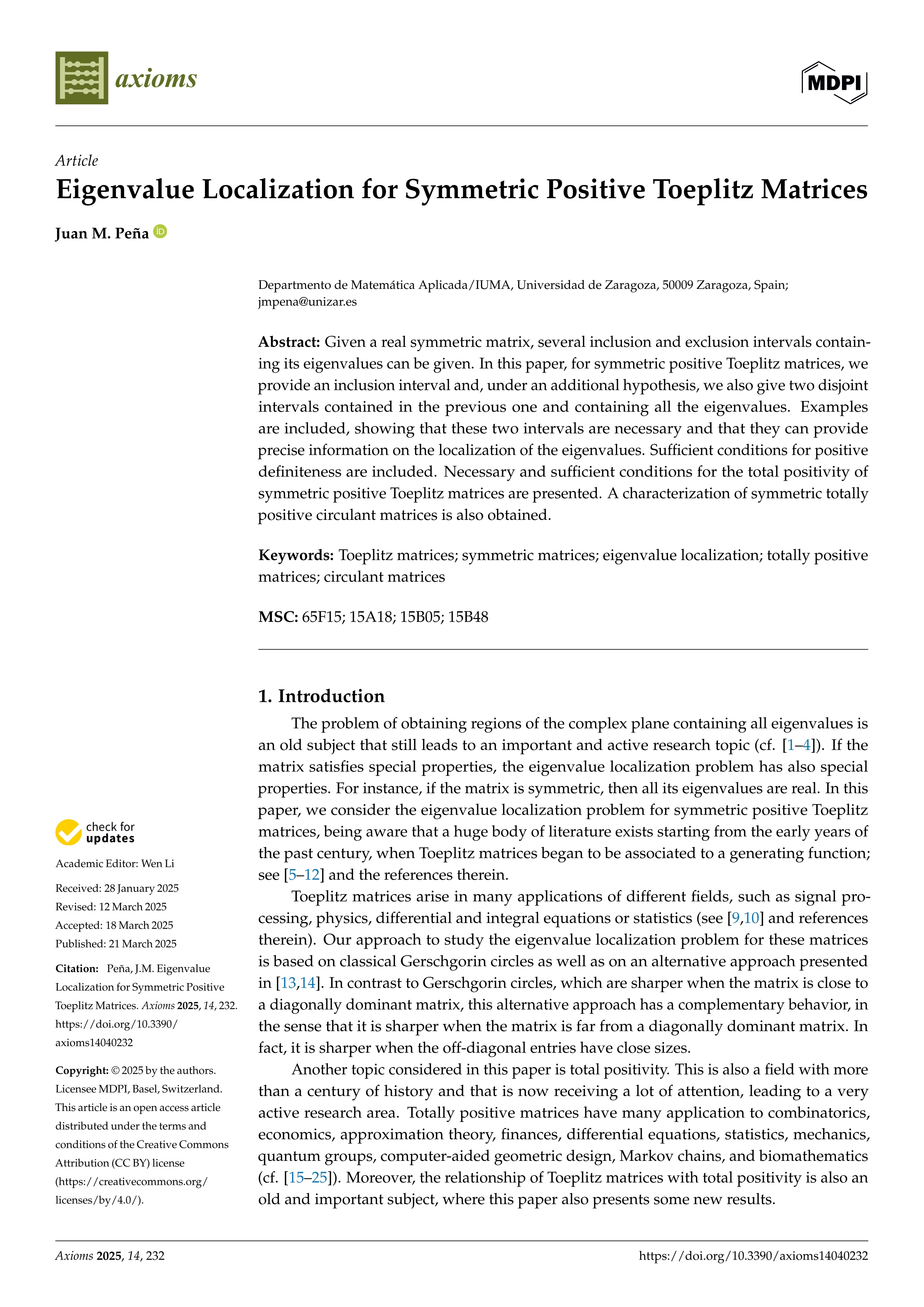 Eigenvalue Localization for Symmetric Positive Toeplitz Matrices