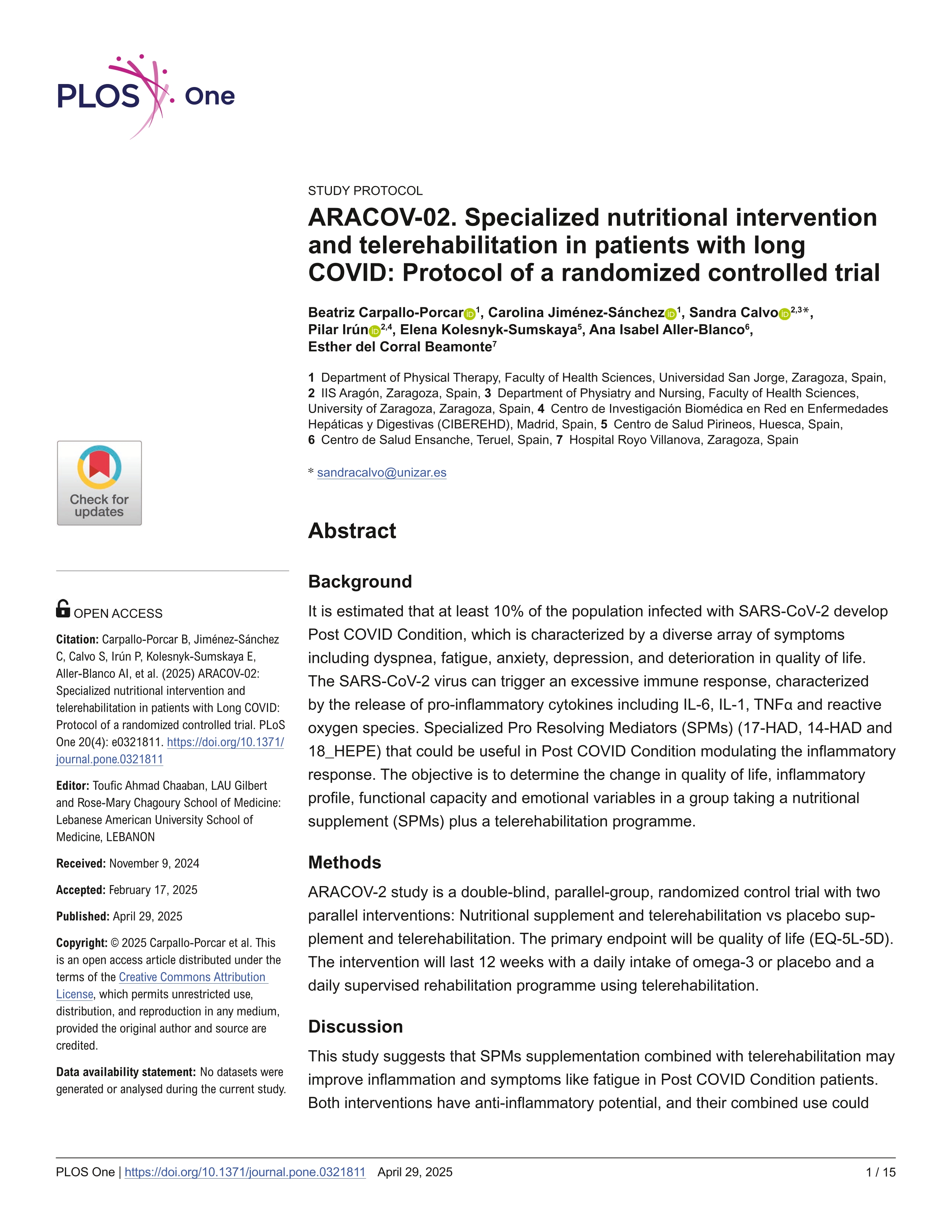 ARACOV-02. Specialized nutritional intervention and telerehabilitation in patients with long COVID: Protocol of a randomized controlled trial
