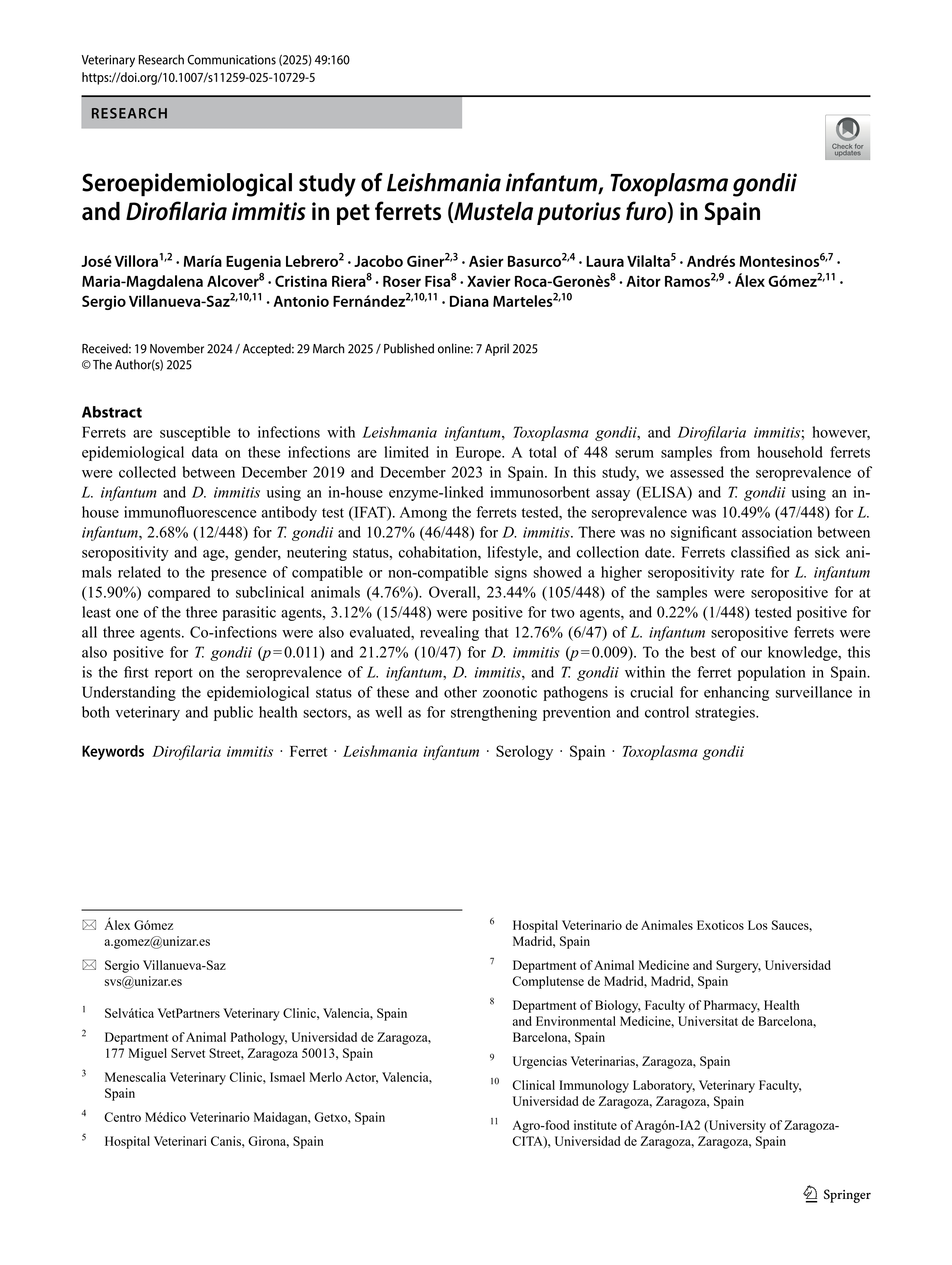 Seroepidemiological study of Leishmania infantum, Toxoplasma gondii and Dirofilaria immitis in pet ferrets (Mustela putorius furo) in Spain