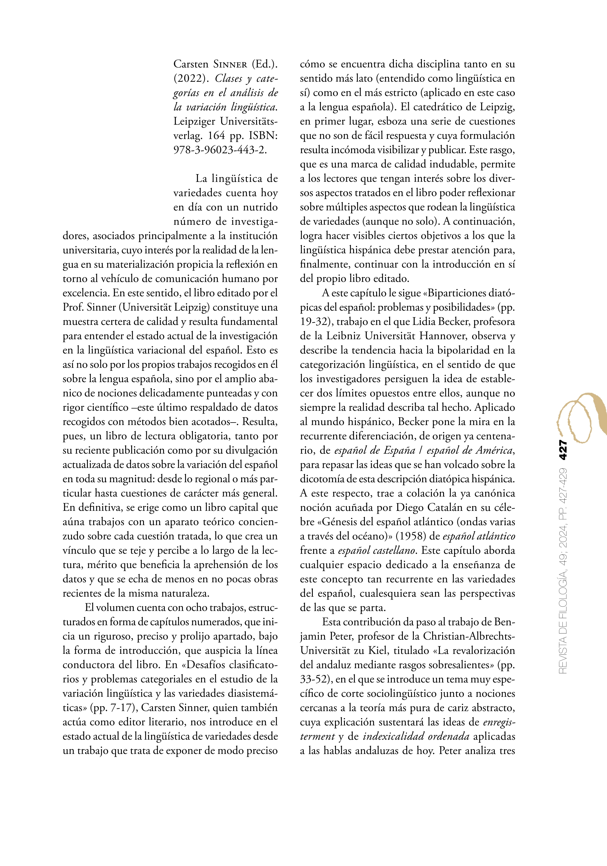 Carsten Sinner (Ed.). (2022). Clases y categorías en el análisis de la variación lingüística. Leipziger Universitätsverlag. 164 pp. ISBN: 978-3-96023-443-2