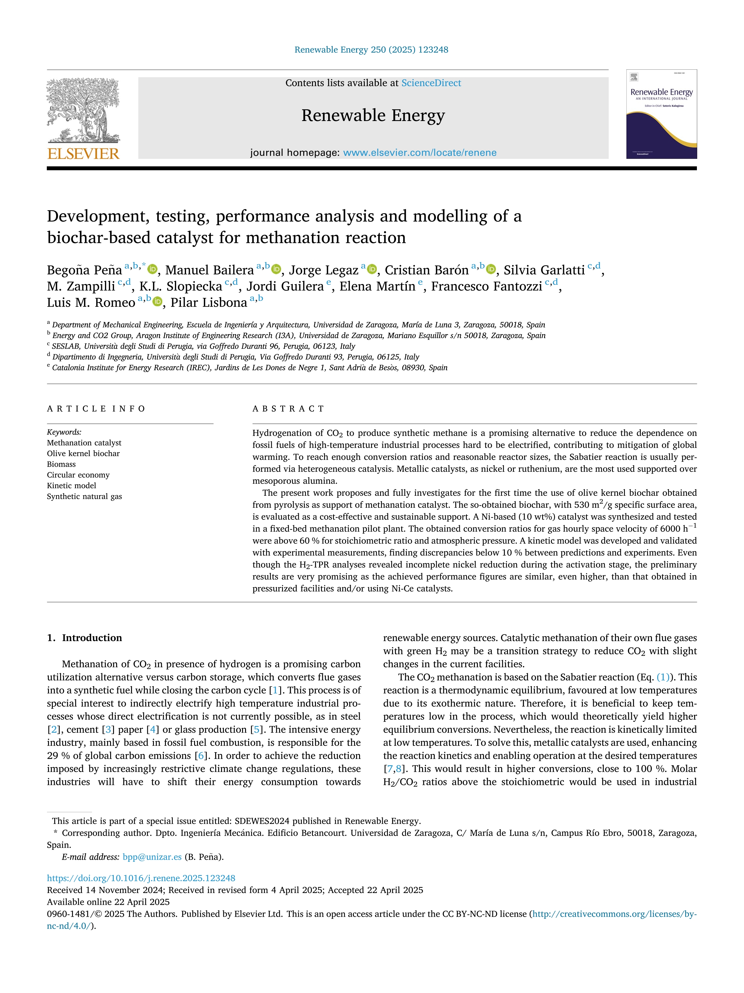 Development, testing, performance analysis and modelling of a biochar-based catalyst for methanation reaction