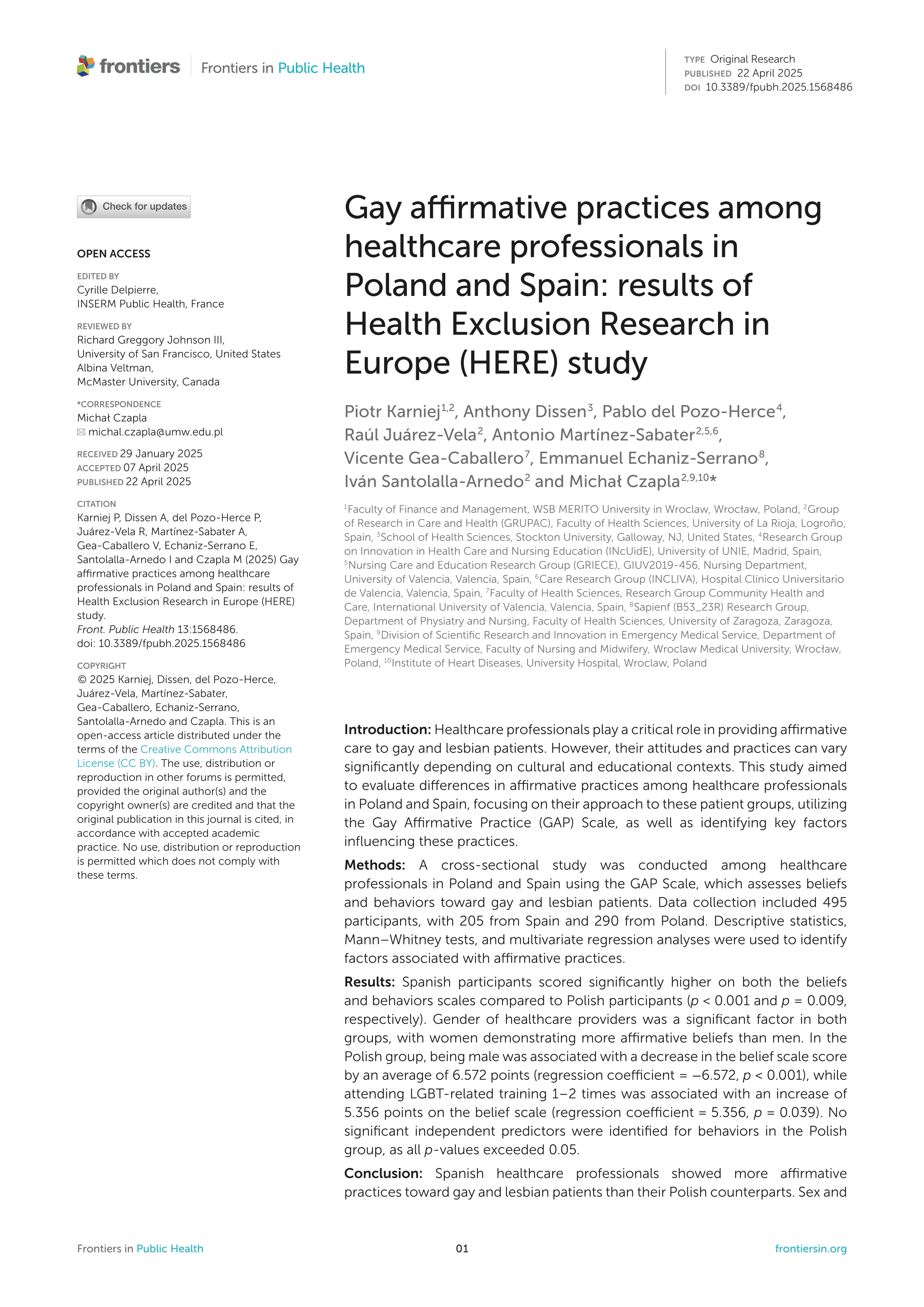 Gay affirmative practices among healthcare professionals in Poland and Spain: results of Health Exclusion Research in Europe (HERE) study
