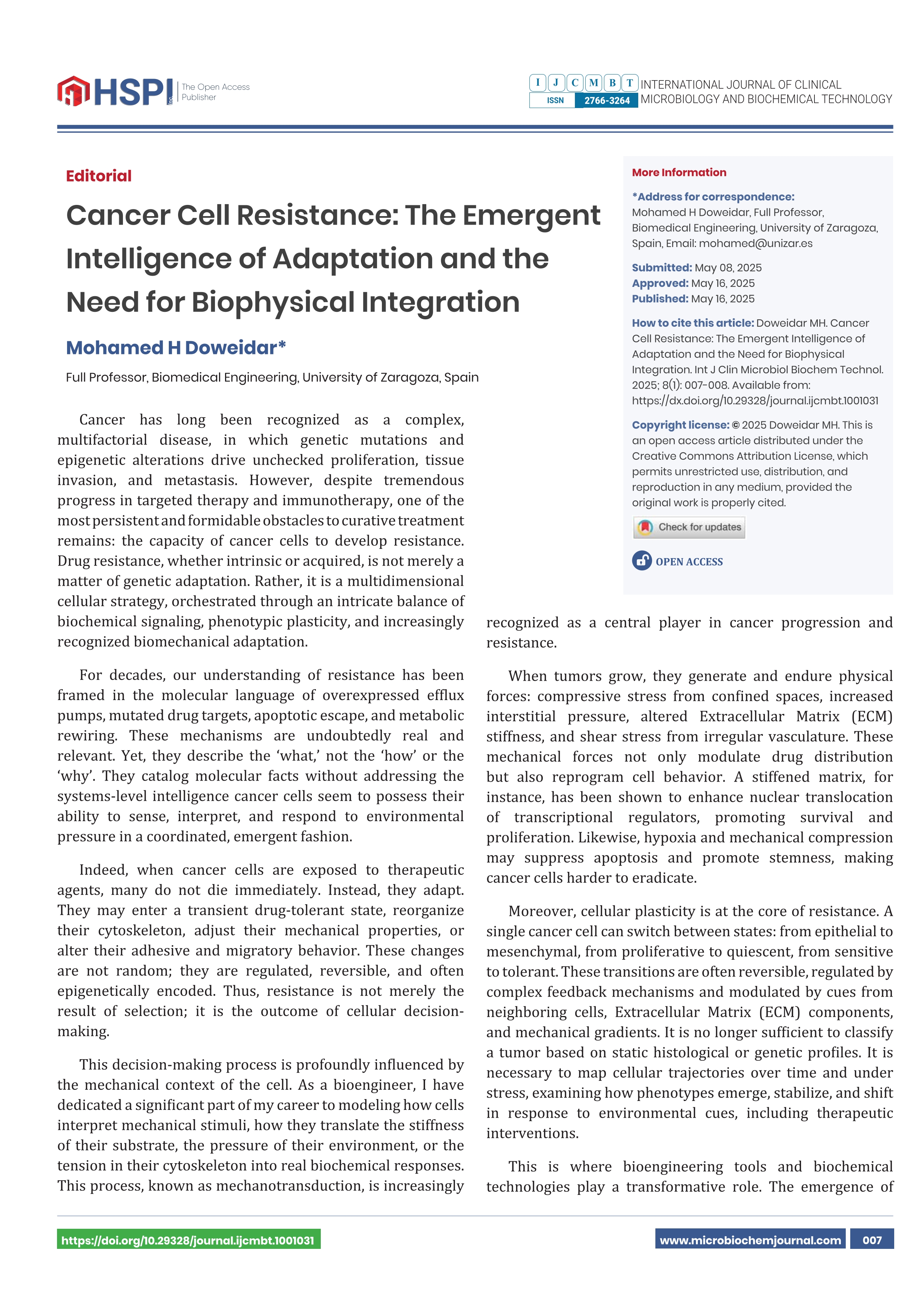 Cancer Cell Resistance: The Emergent Intelligence of Adaptation and the Need for Biophysical Integration
