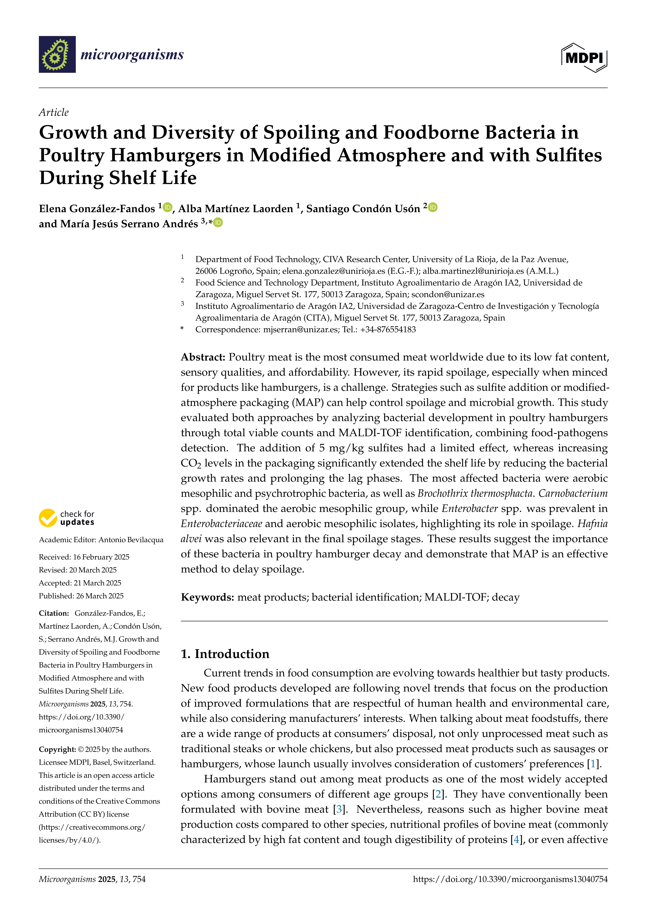 Growth and Diversity of Spoiling and Foodborne Bacteria in Poultry Hamburgers in Modified Atmosphere and with Sulfites During Shelf Life