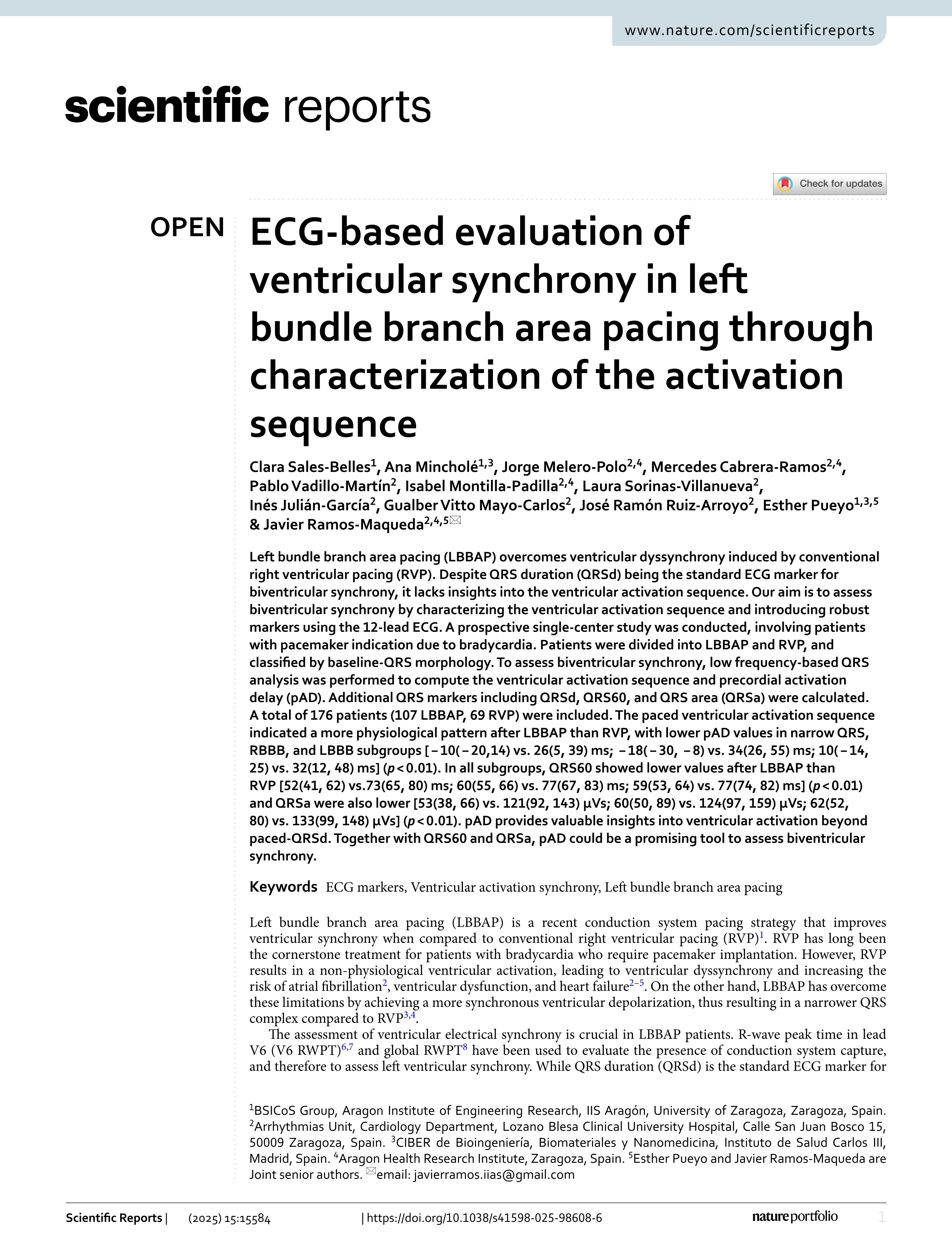 ECG-based evaluation of ventricular synchrony in left bundle branch area pacing through characterization of the activation sequence