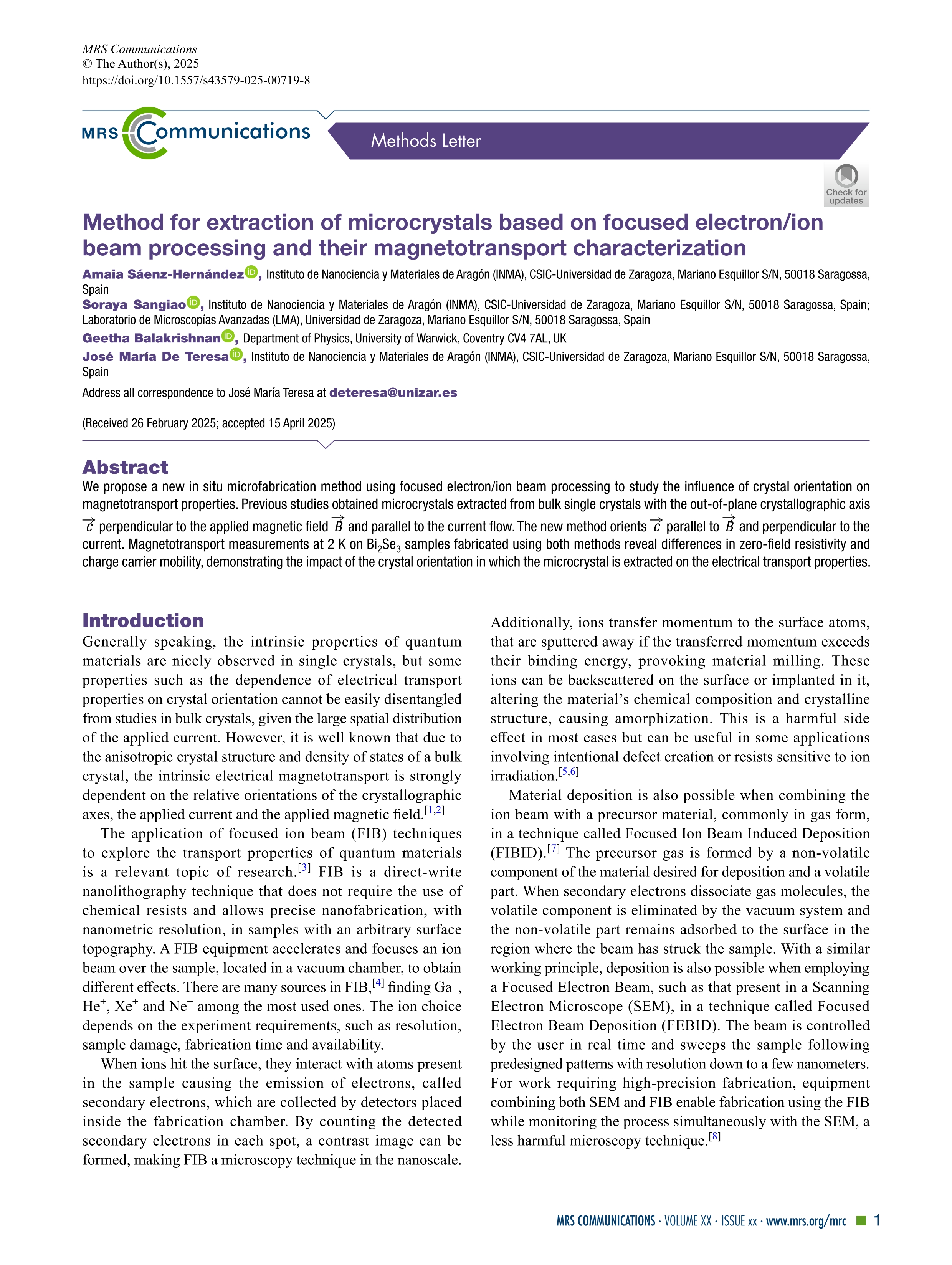 Method for extraction of microcrystals based on focused electron/ion beam processing and their magnetotransport characterization