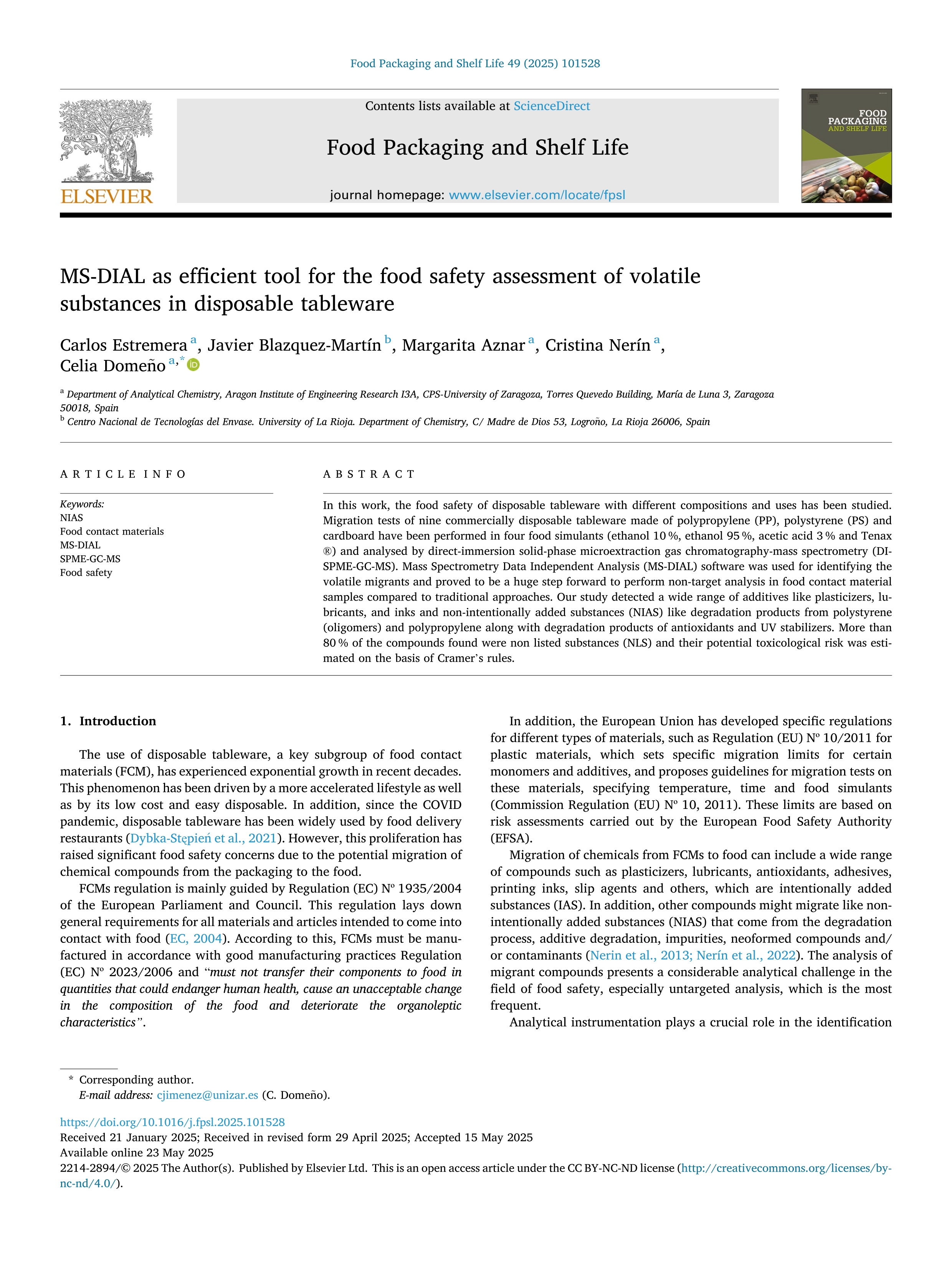 MS-DIAL as efficient tool for the food safety assessment of volatile substances in disposable tableware