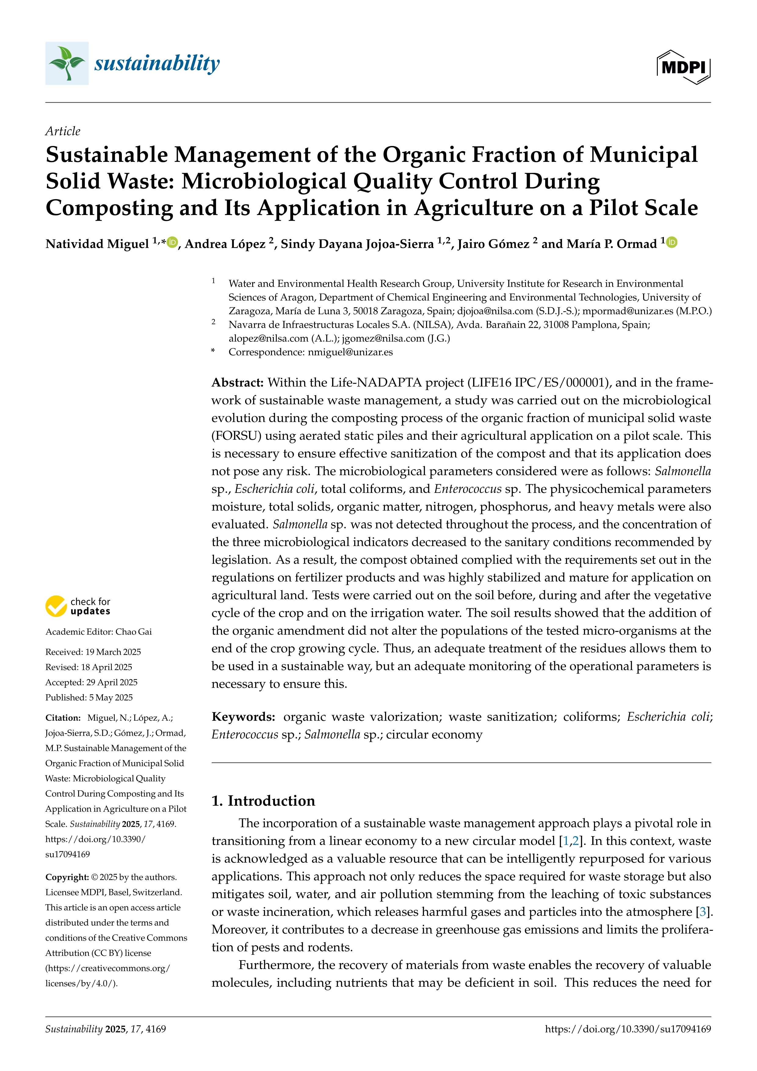 Sustainable Management of the Organic Fraction of Municipal Solid Waste: Microbiological Quality Control During Composting and Its Application in Agriculture on a Pilot Scale