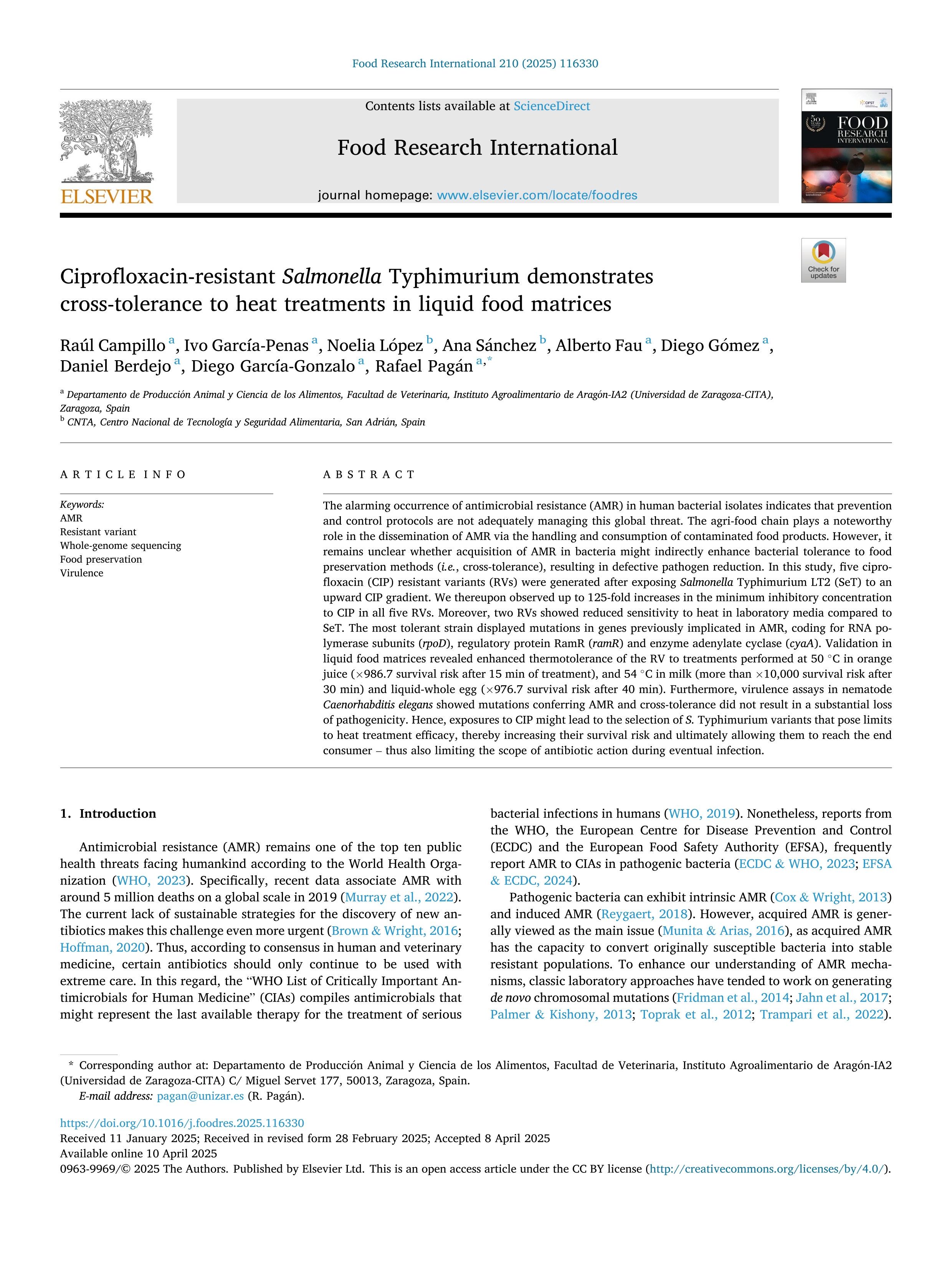 Ciprofloxacin-resistant Salmonella Typhimurium demonstrates cross-tolerance to heat treatments in liquid food matrices
