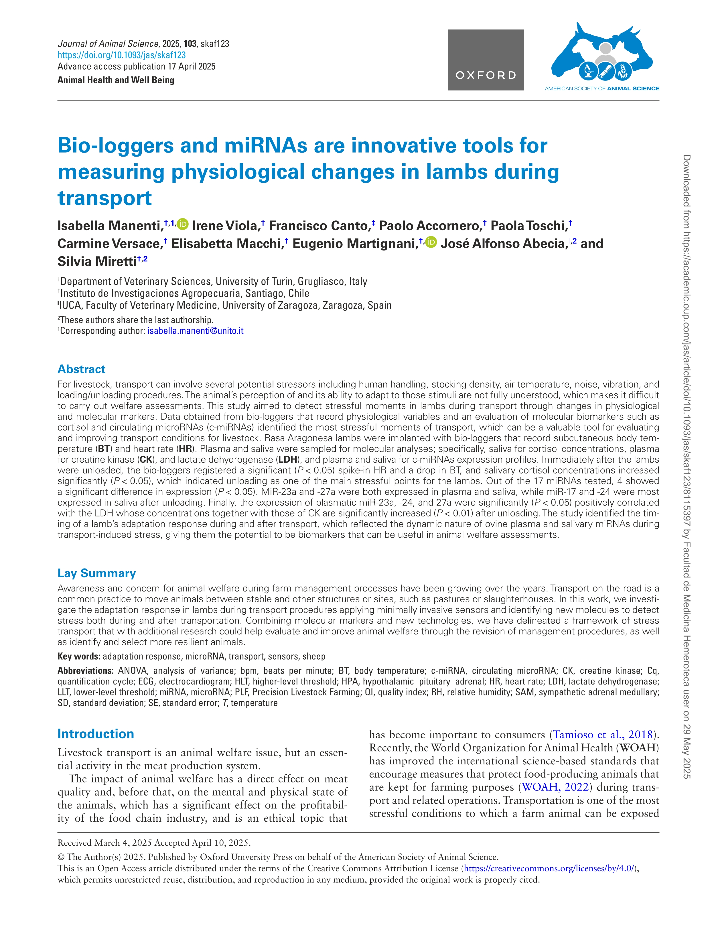 Bio-loggers and miRNAs are innovative tools for measuring physiological changes in lambs during transport