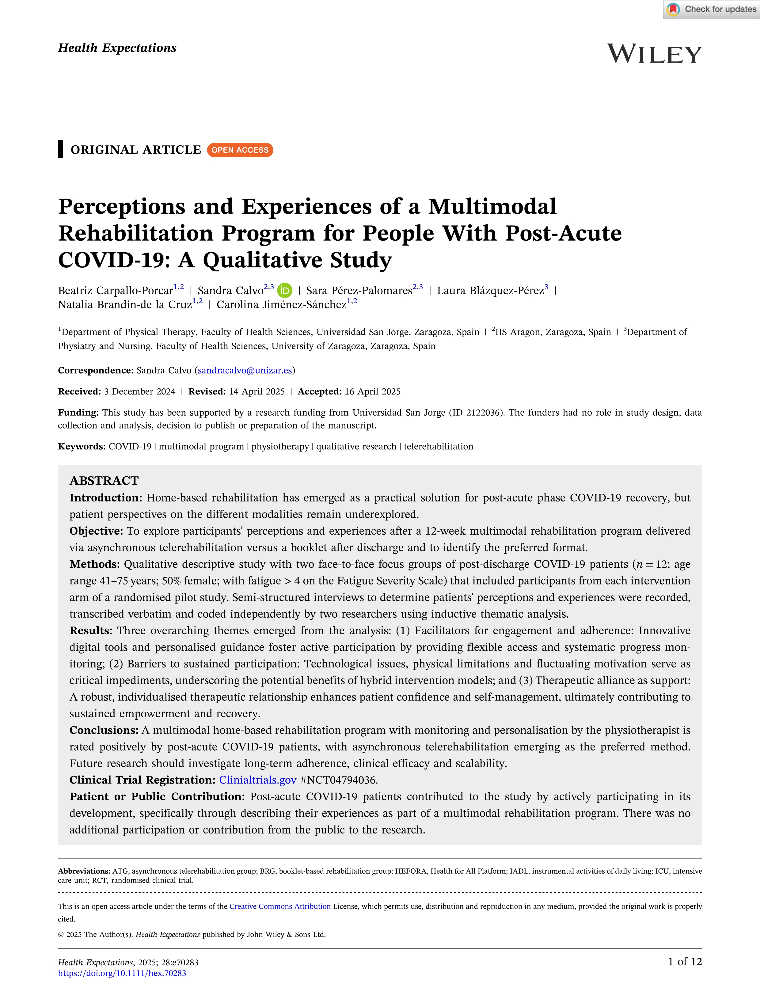 Perceptions and Experiences of a Multimodal Rehabilitation Program for People With Post‐Acute COVID‐19: A Qualitative Study