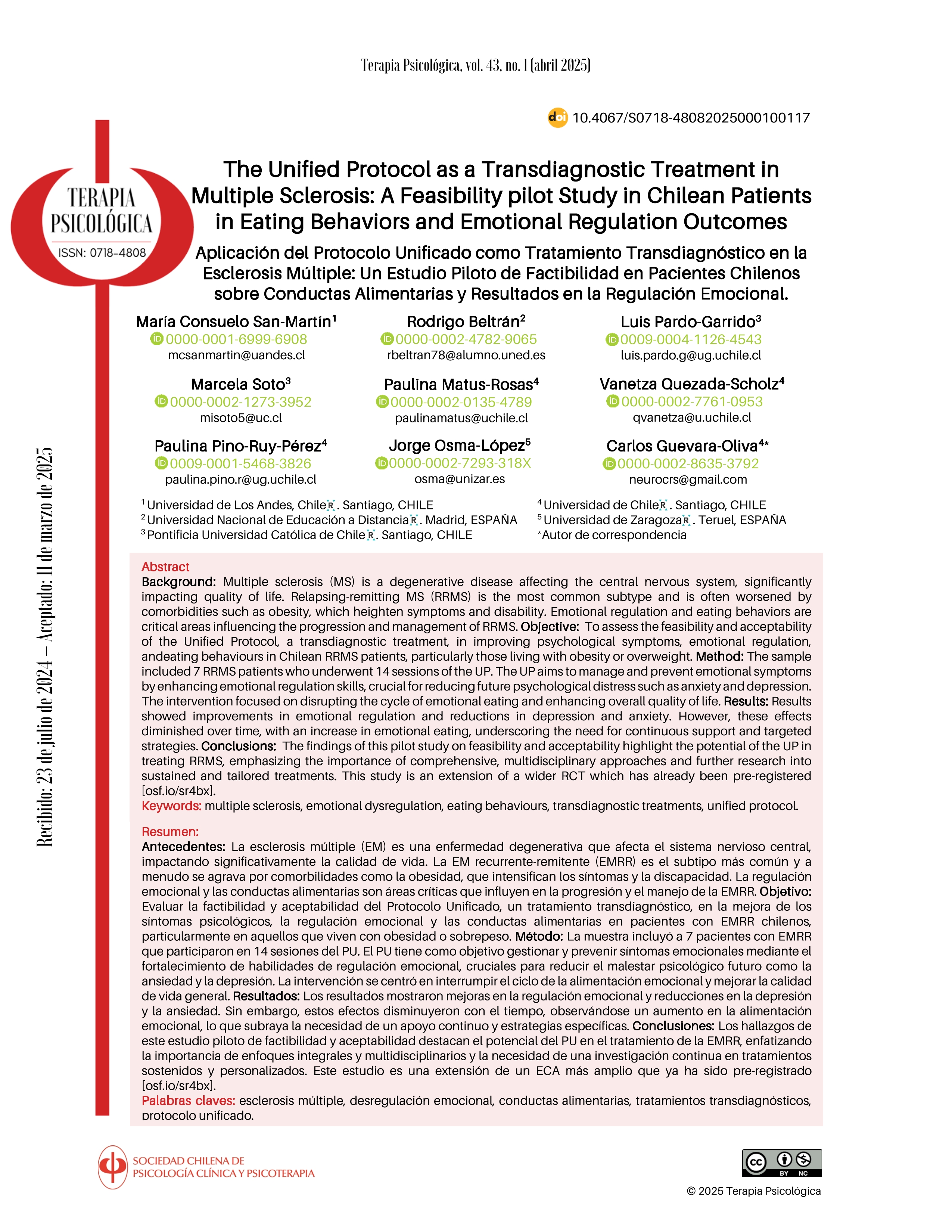 The Unified Protocol as a Transdiagnostic Treatment in Multiple Sclerosis: A Feasibility pilot Study in Chilean Patients in Eating Behaviors and Emotional Regulation Outcomes