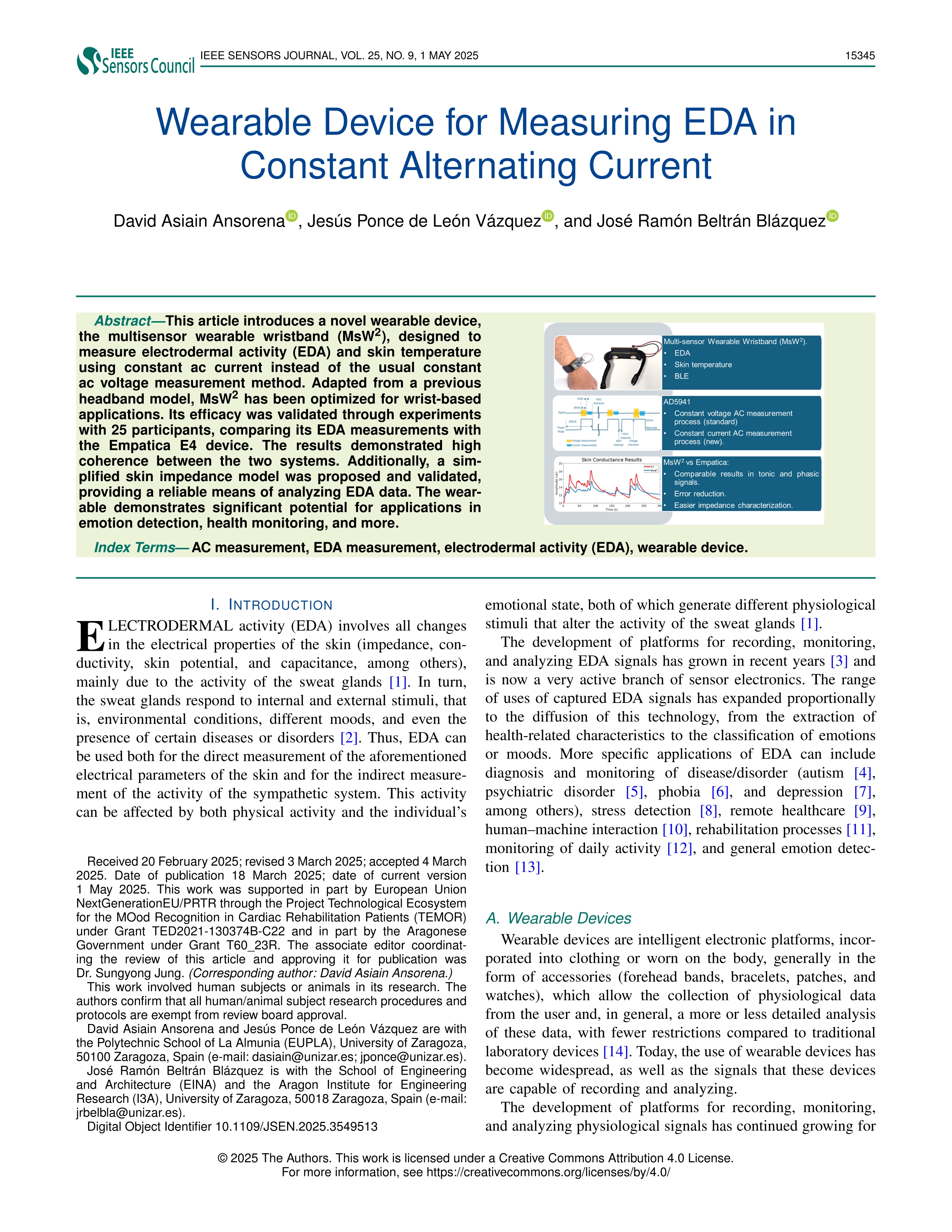Wearable Device for Measuring EDA in Constant Alternating Current