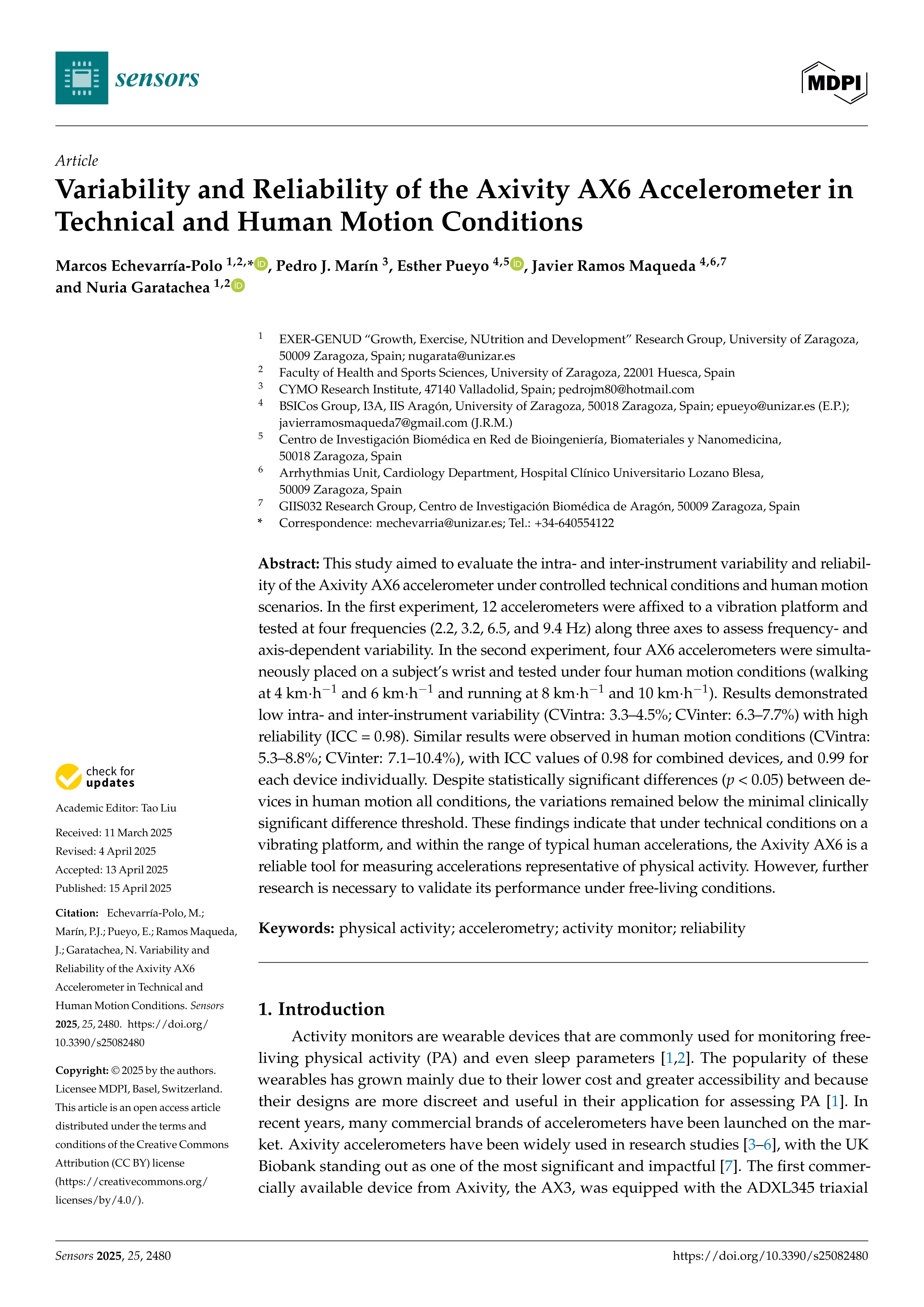 Variability and reliability of the Axivity AX6 accelerometer in technical and human motion conditions