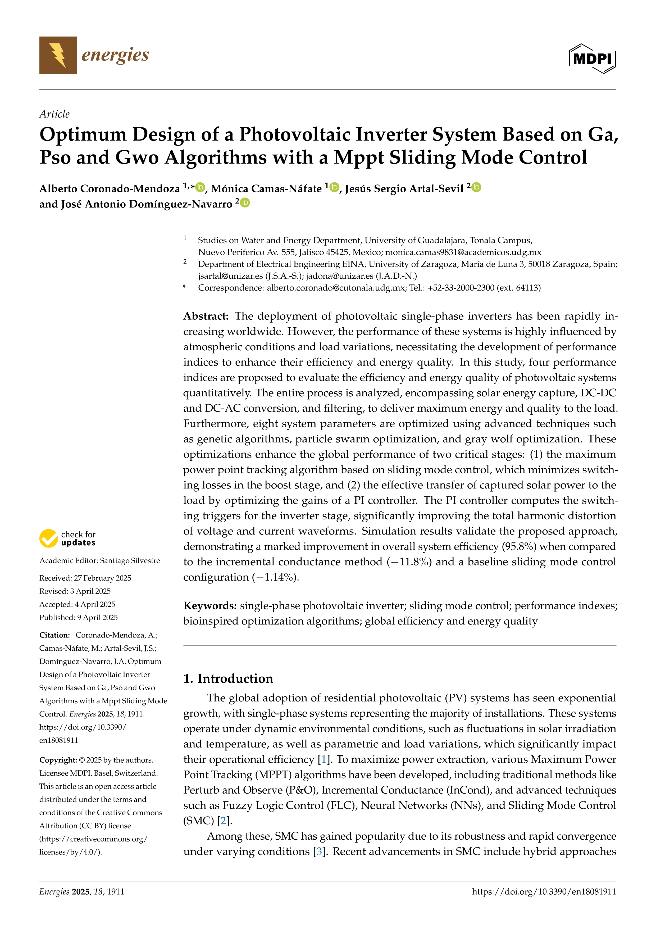 Optimum Design of a Photovoltaic Inverter System Based on Ga, Pso and Gwo Algorithms with a Mppt Sliding Mode Control