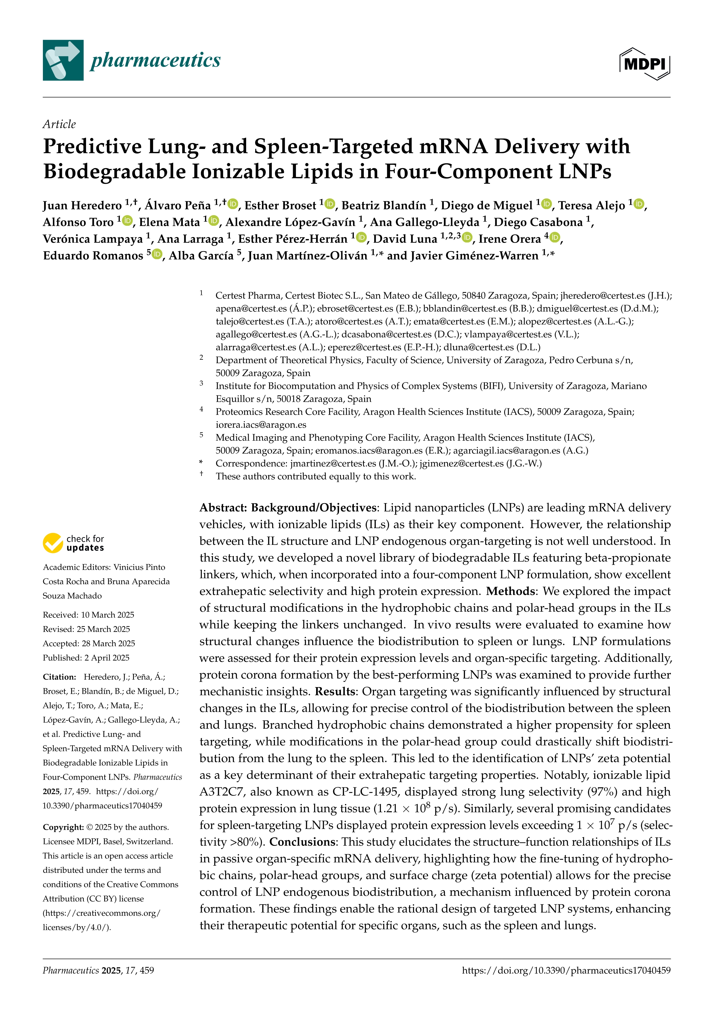 Predictive Lung- and Spleen-Targeted mRNA Delivery with Biodegradable Ionizable Lipids in Four-Component LNPs