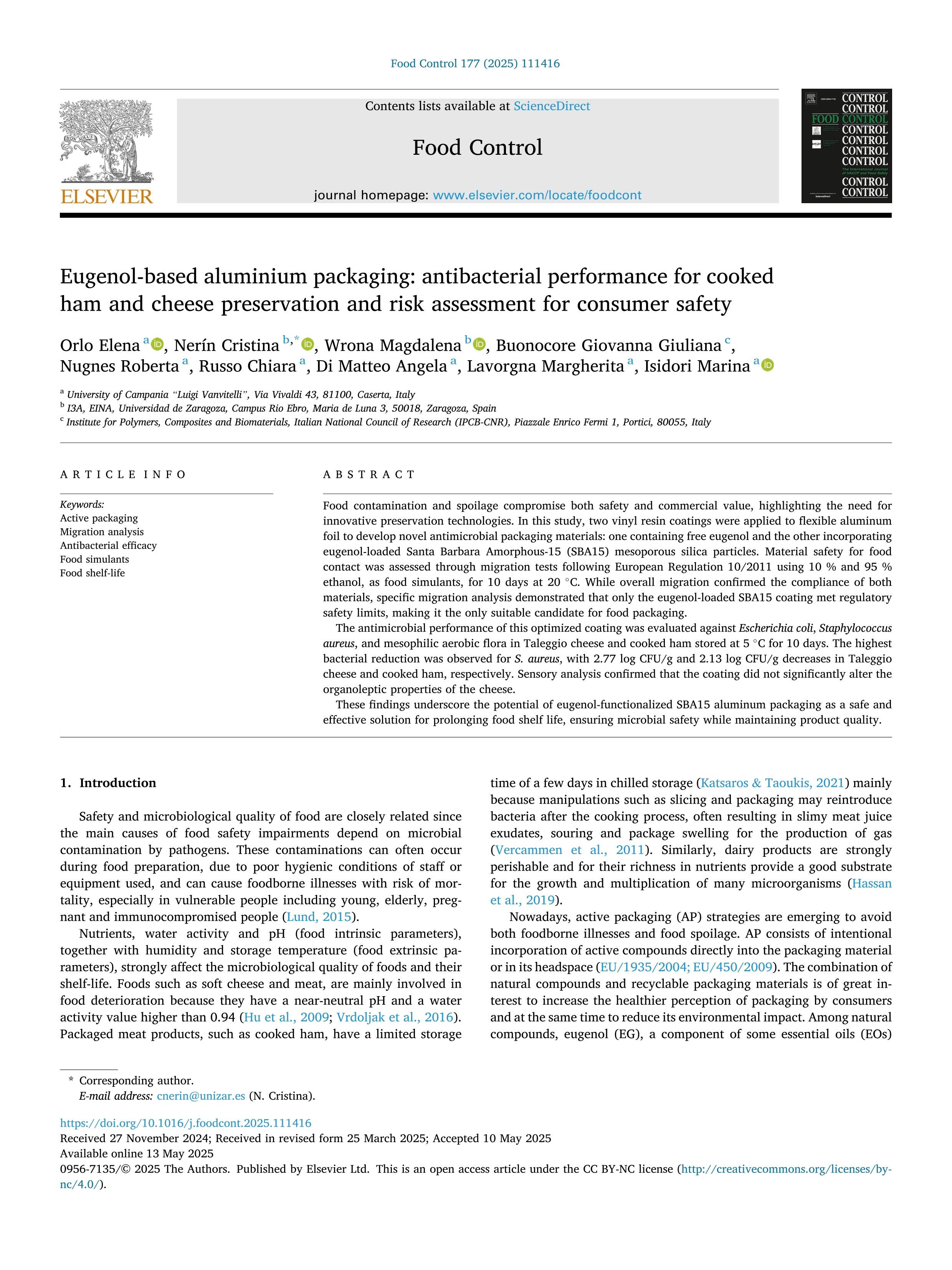 Eugenol-based aluminium packaging: antibacterial performance for cooked ham and cheese preservation and risk assessment for consumer safety