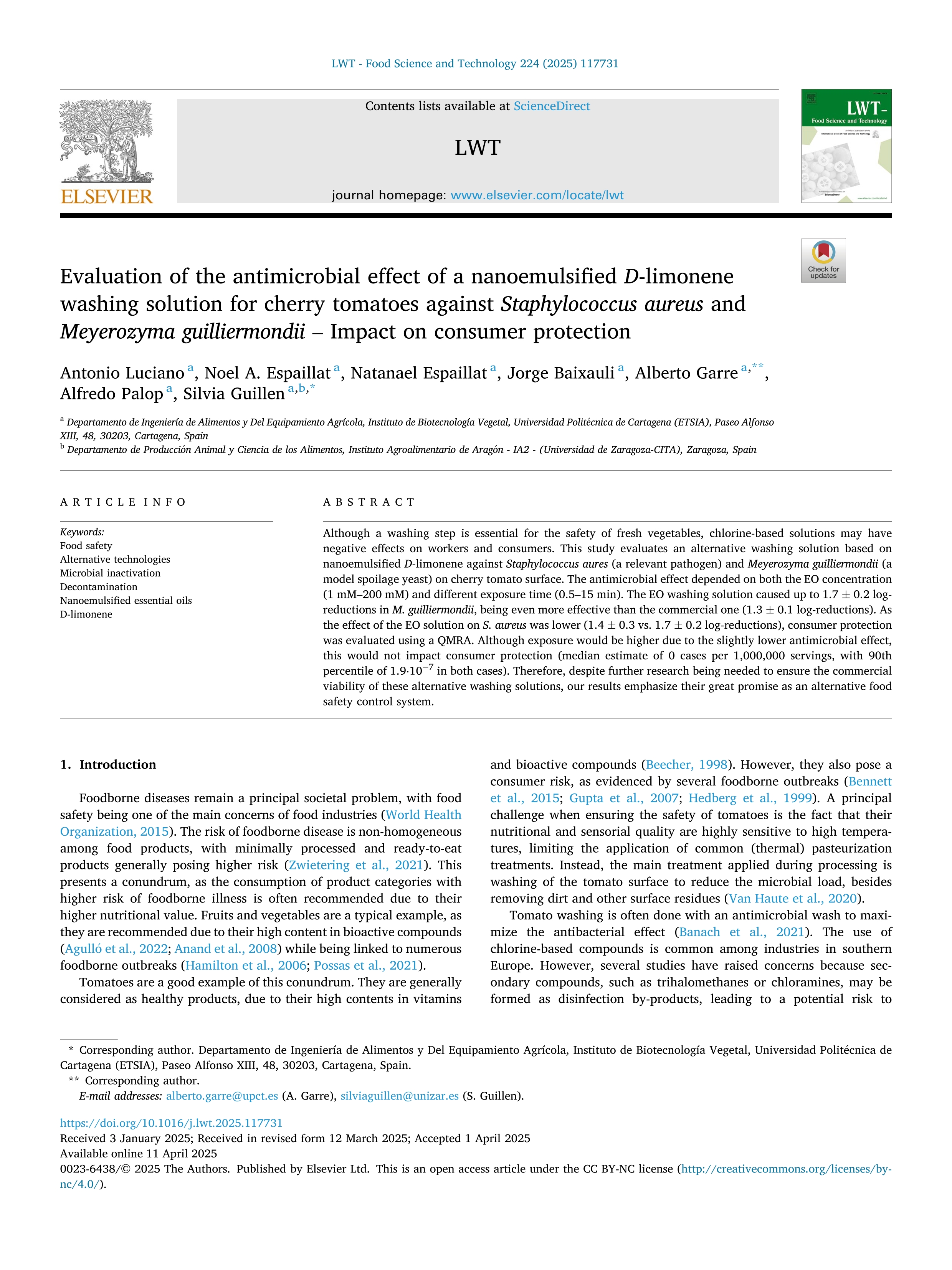 Evaluation of the antimicrobial effect of a nanoemulsified D-limonene washing solution for cherry tomatoes against Staphylococcus aureus and Meyerozyma guilliermondii – Impact on consumer protection