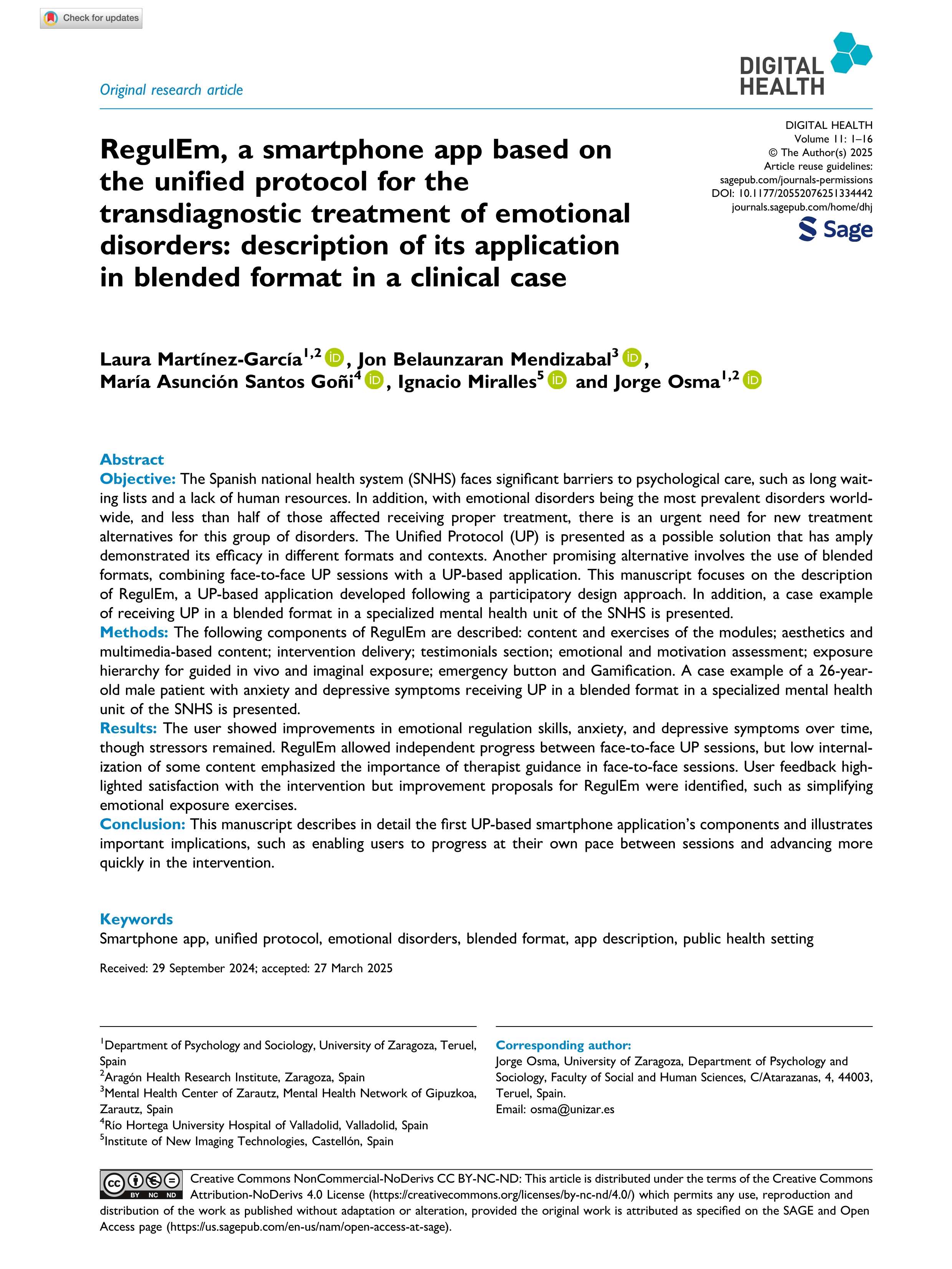 RegulEm, a smartphone app based on the unified protocol for the transdiagnostic treatment of emotional disorders: description of its application in blended format in a clinical case