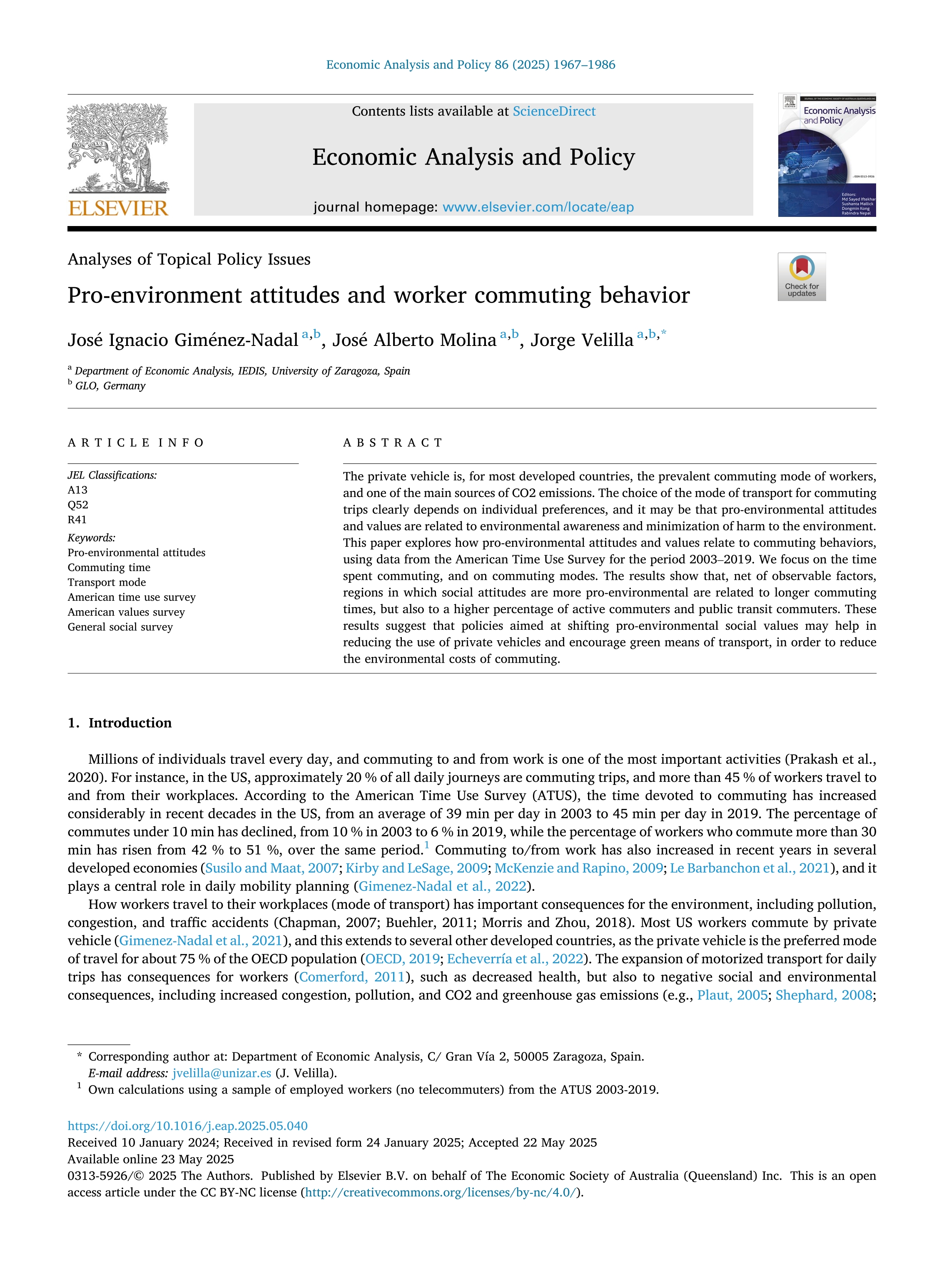 Pro-environment attitudes and worker commuting behavior
