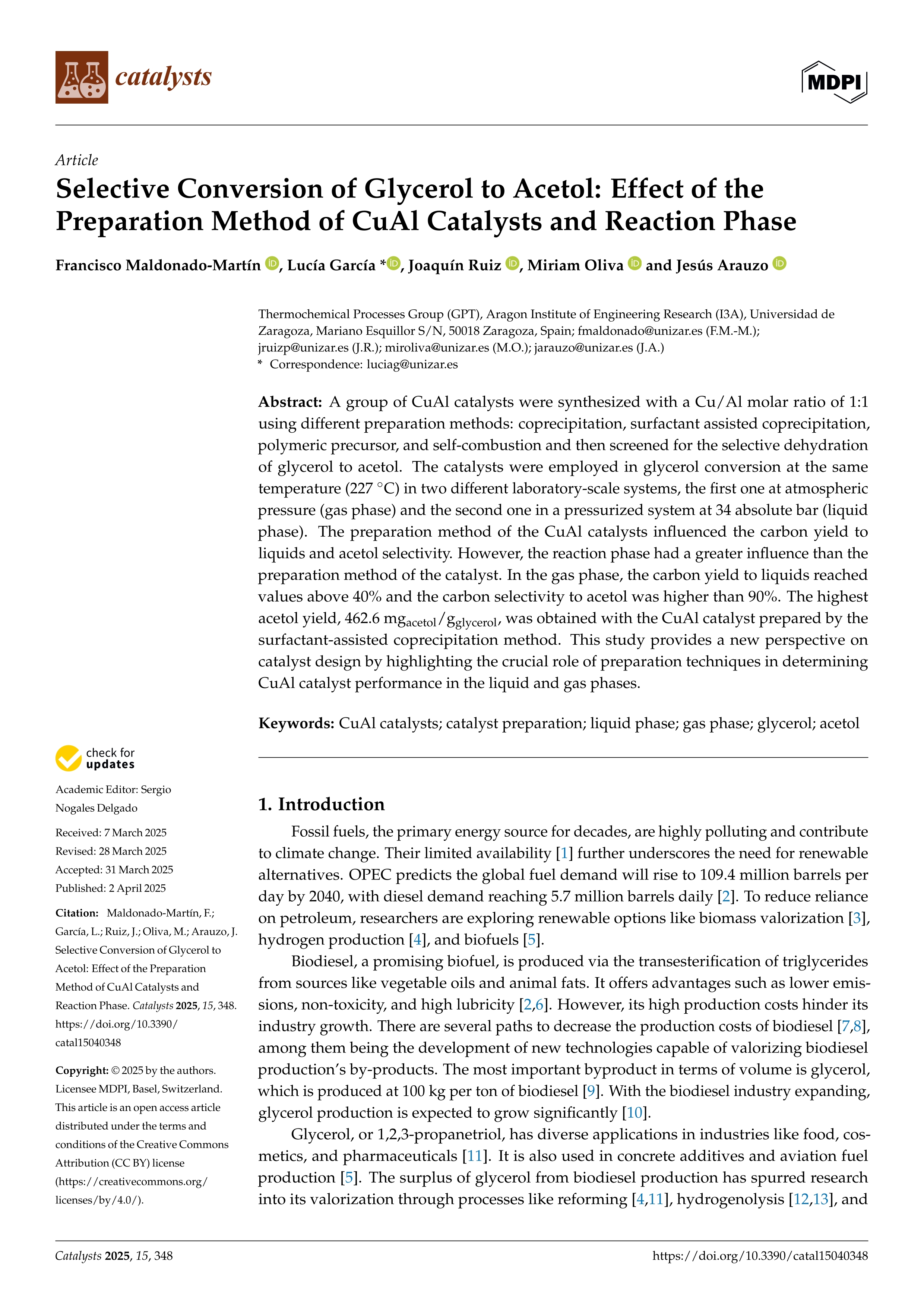 Selective Conversion of Glycerol to Acetol: Effect of the Preparation Method of CuAl Catalysts and Reaction Phase