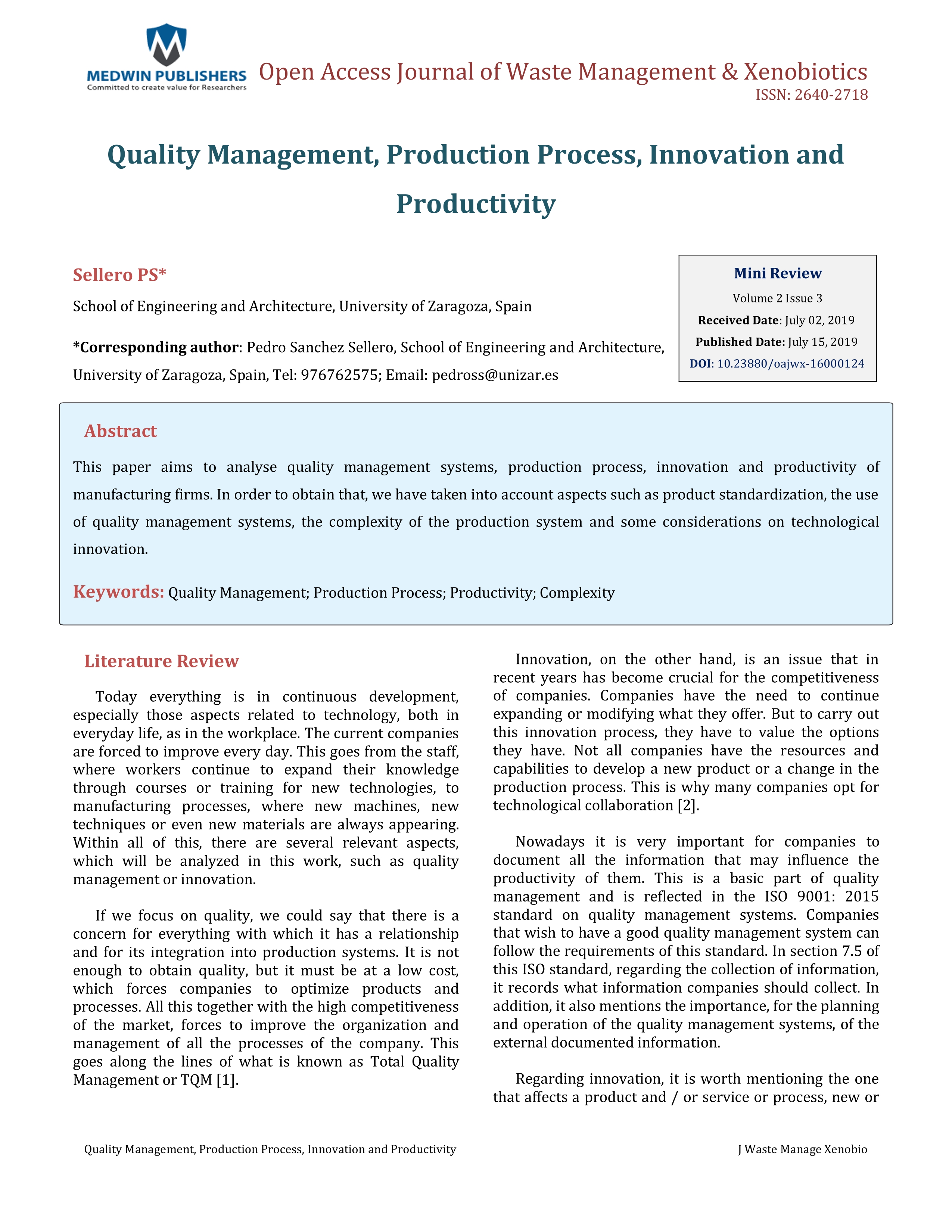 Quality Management, Production Process, Innovation and  Productivity