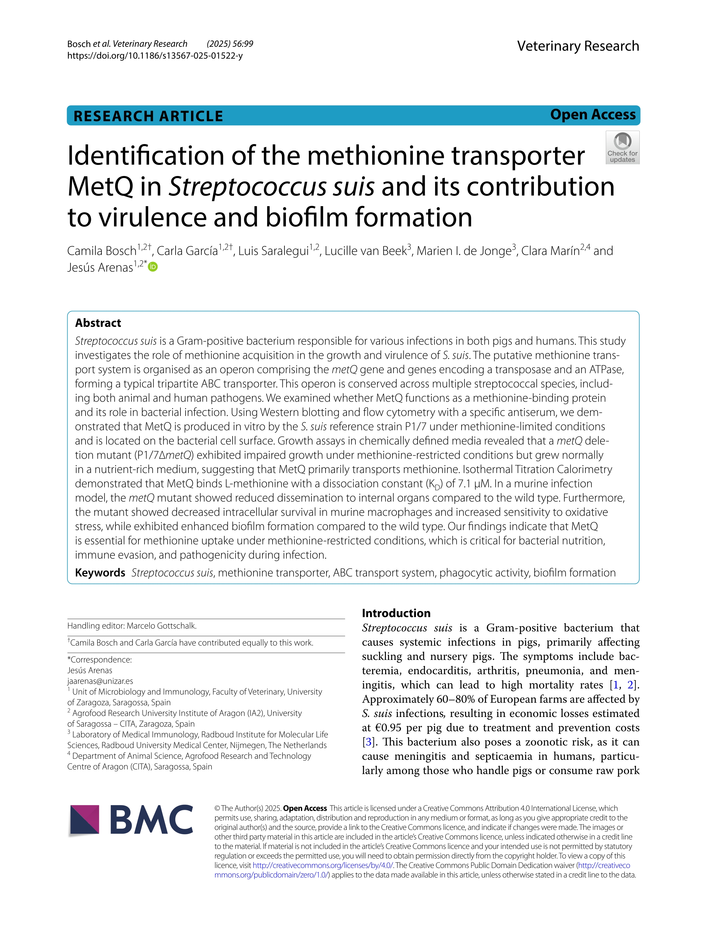 Identification of the methionine transporter MetQ in Streptococcus suis and its contribution to virulence and biofilm formation