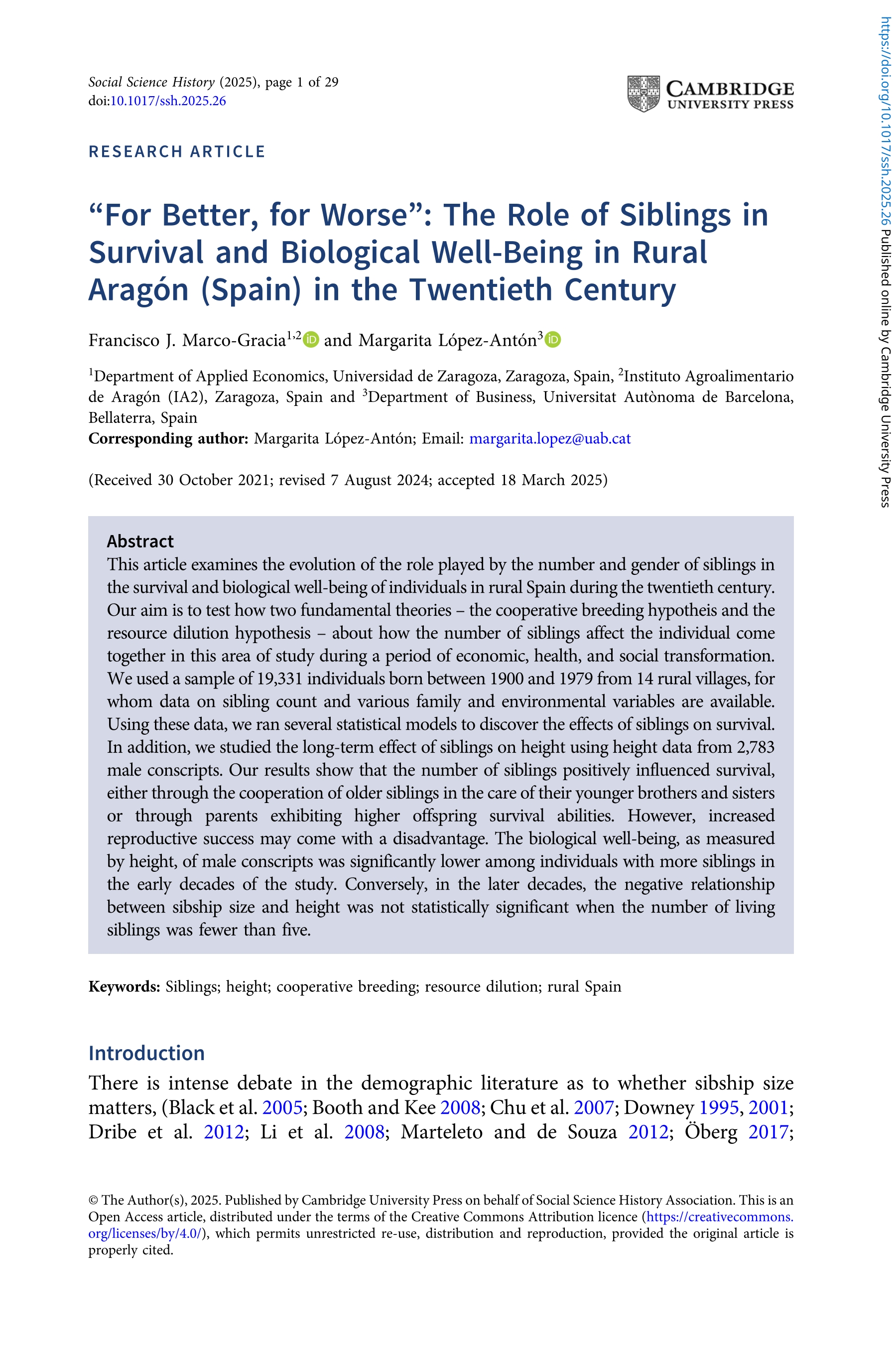 “For Better, for Worse”: The Role of Siblings in Survival and Biological Well-Being in Rural Aragón (Spain) in the Twentieth Century