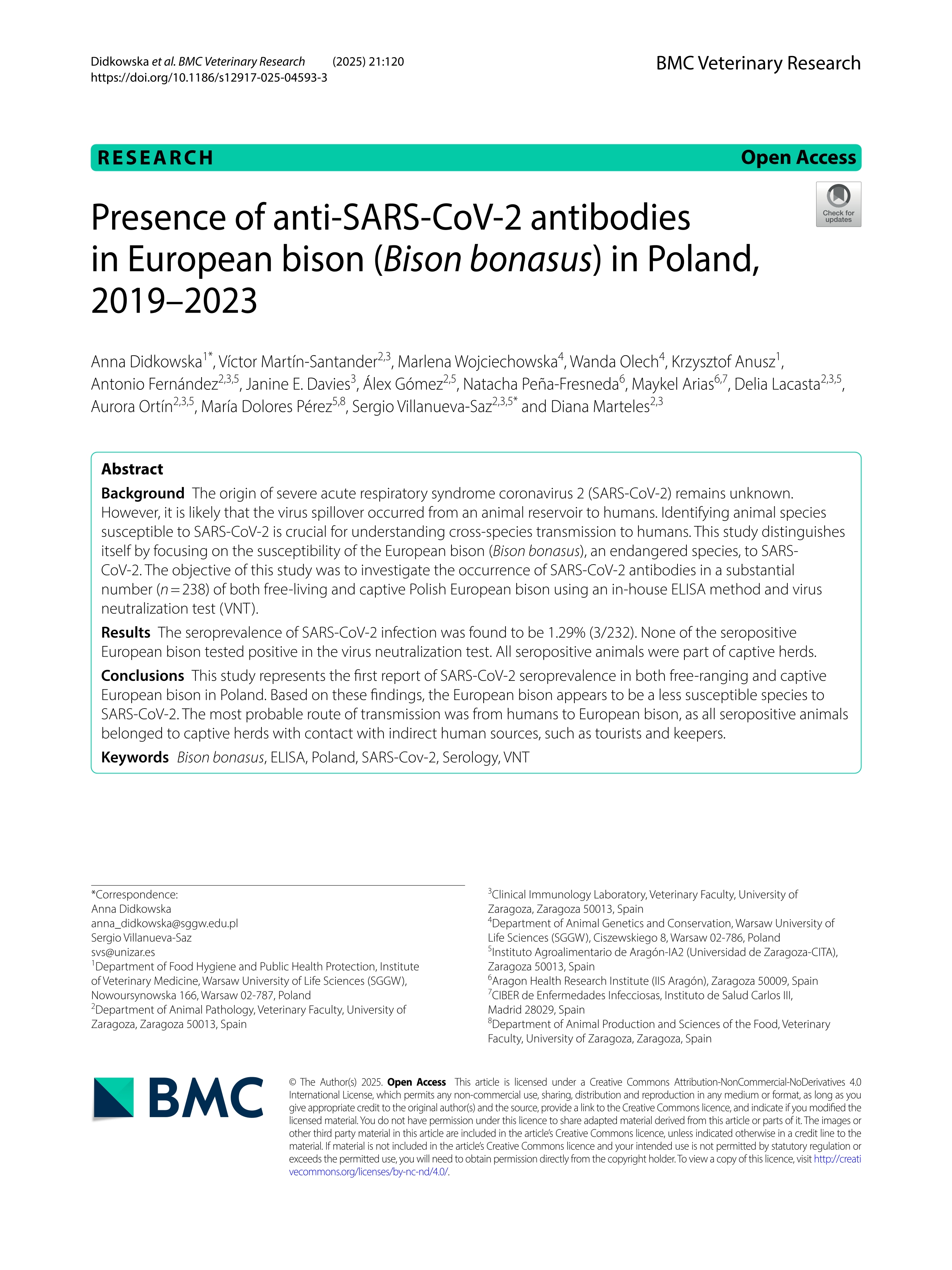 Presence of anti-SARS-CoV-2 antibodies in European bison (Bison bonasus) in Poland, 2019-2023