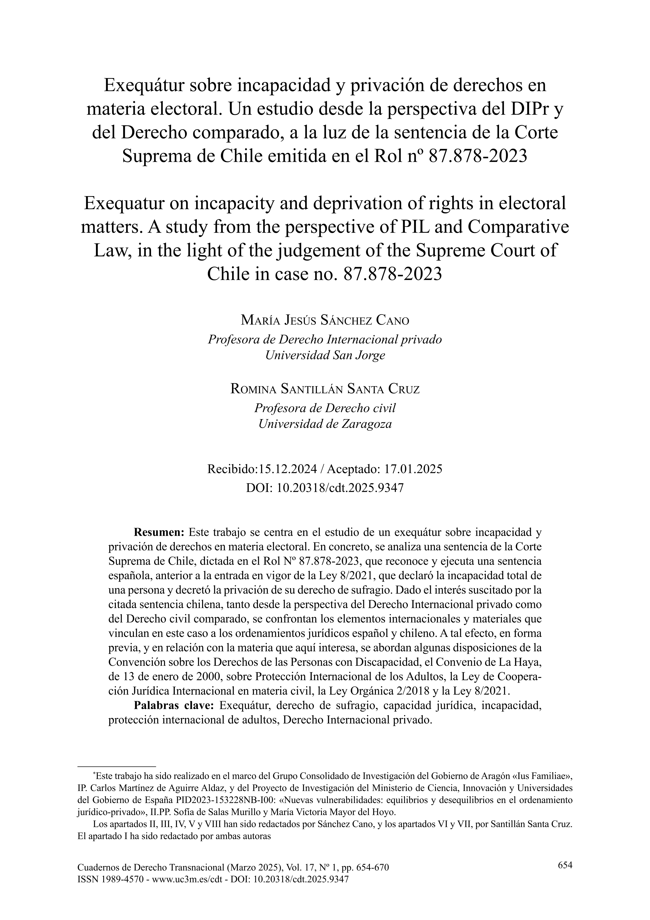 Exequátur sobre incapacidad y privación de derechos en materia electoral. Un estudio desde la perspectiva del DIPr y del Derecho comparado, a la luz de la sentencia de la Corte Suprema de Chile emitida en el Rol nº 87.878-2023