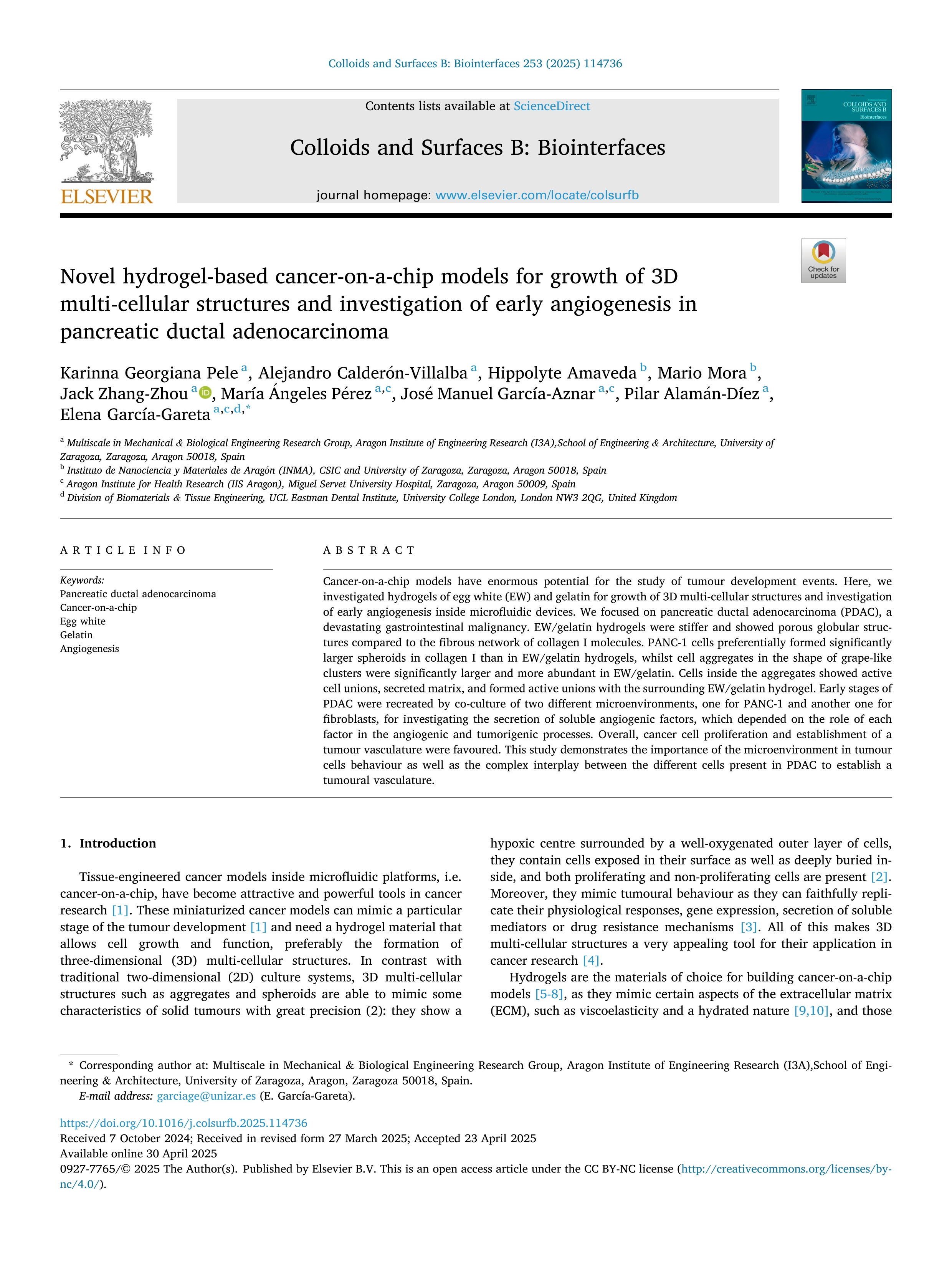 Novel hydrogel-based cancer-on-a-chip models for growth of 3D multi-cellular structures and investigation of early angiogenesis in pancreatic ductal adenocarcinoma